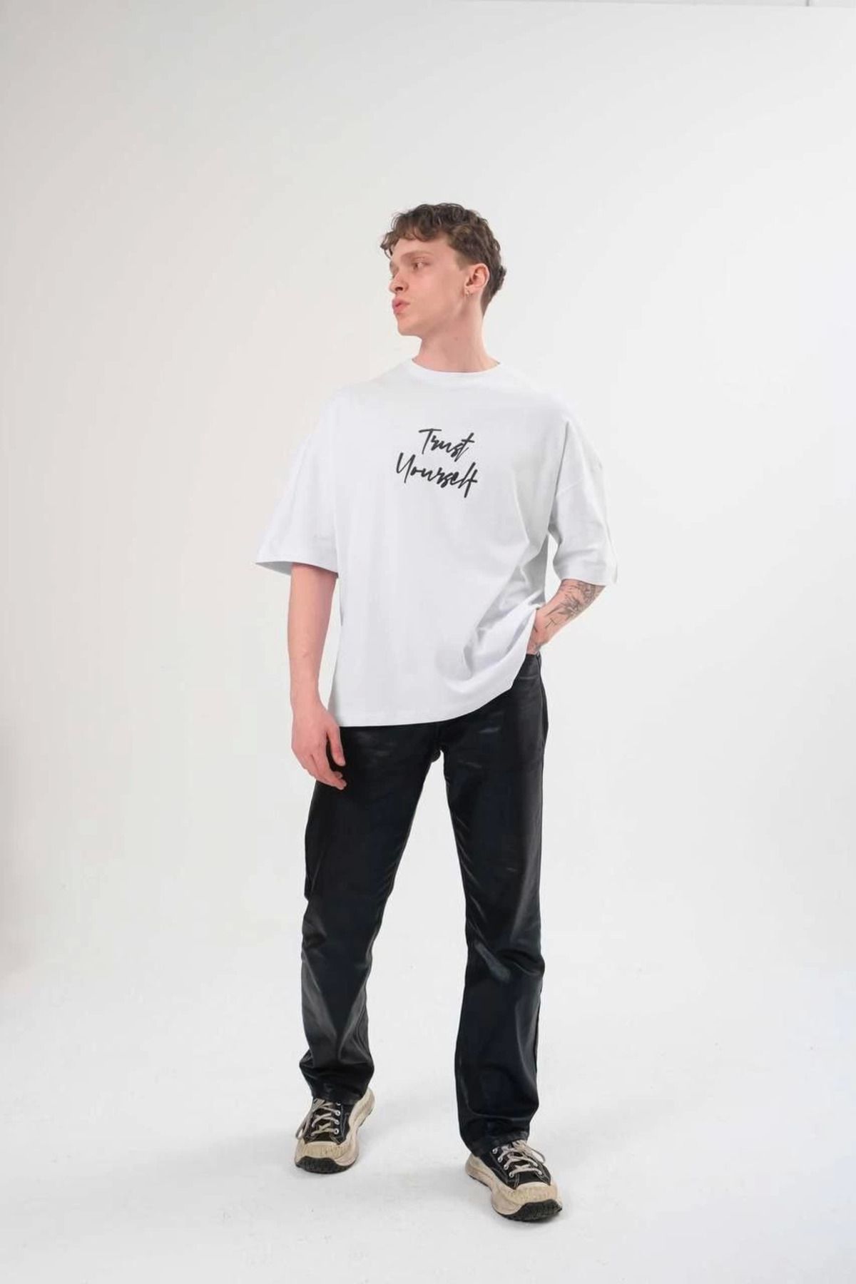 Pink Stil Unisex Bisiklet Yaka Baskılı Oversize T-Shirt - Beyaz Pink Stil