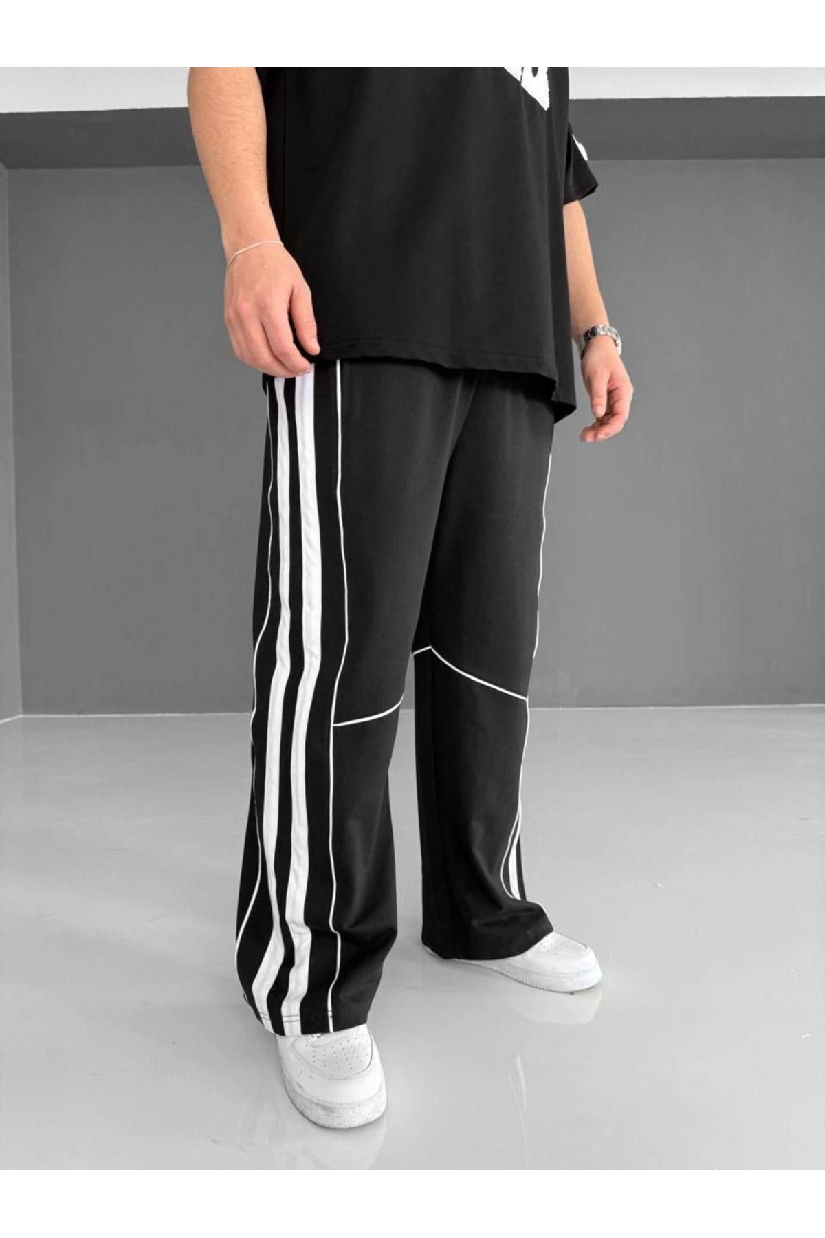 Pink Stil İki İplik Kumaş Şeritli Alt Esofman - Siyah
