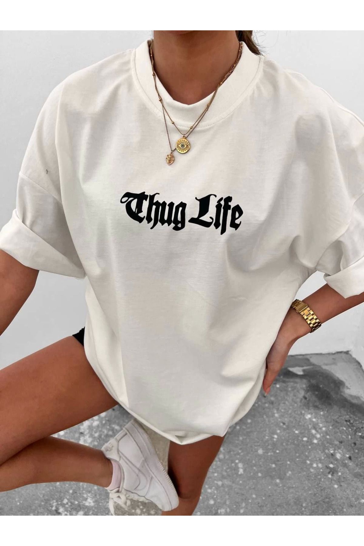Vemora Unisex Bisiklet Yaka Baskılı Oversize T-Shirt - Beyaz