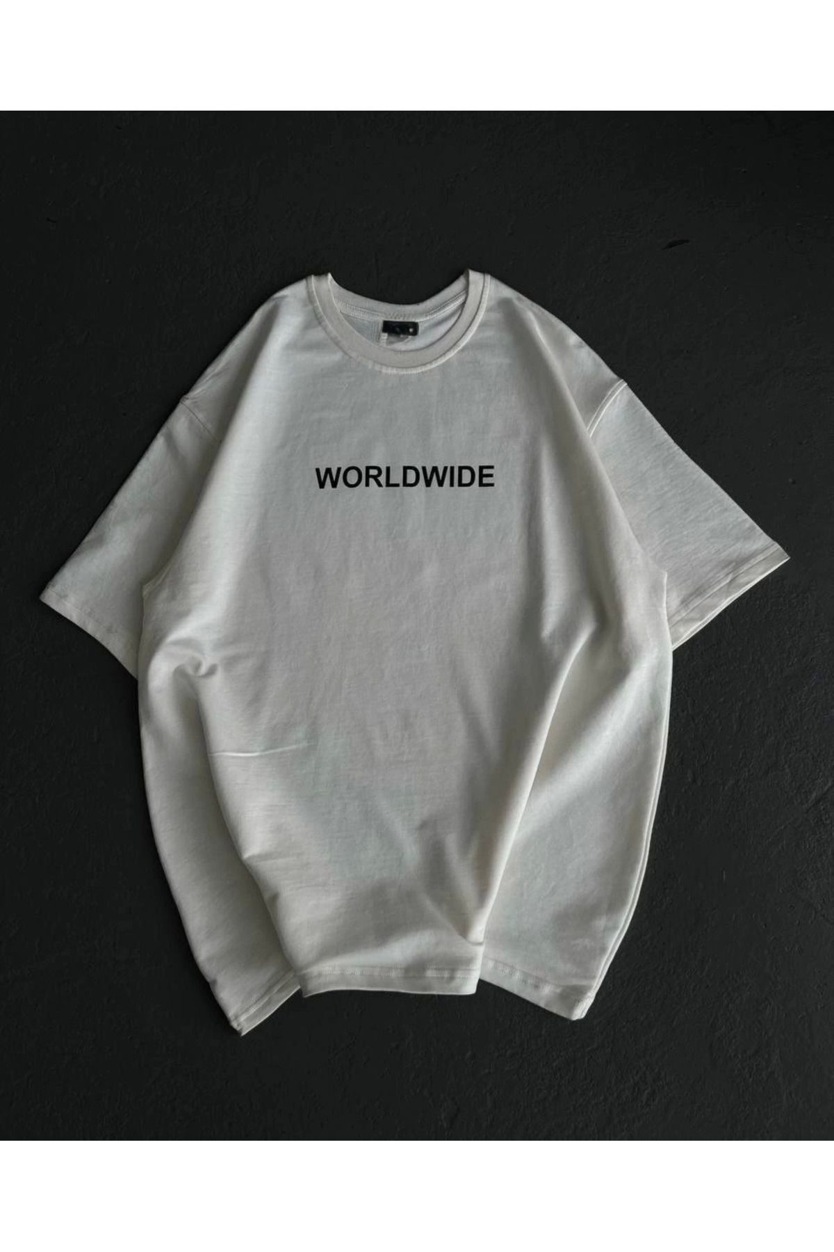Vemora Unisex Bisiklet Yaka Baskılı Oversize T-Shirt - Beyaz