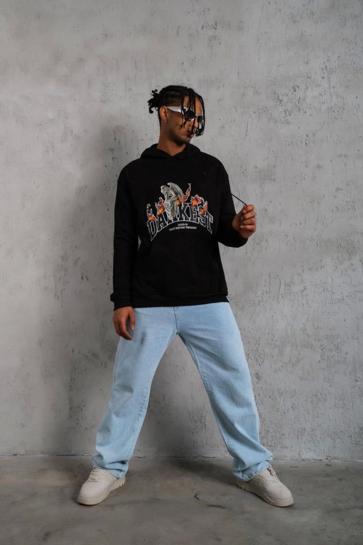 Pink Stil Erkek DANKES Baskılı Kapüşonlu Sweat - Siyah Pink Stil