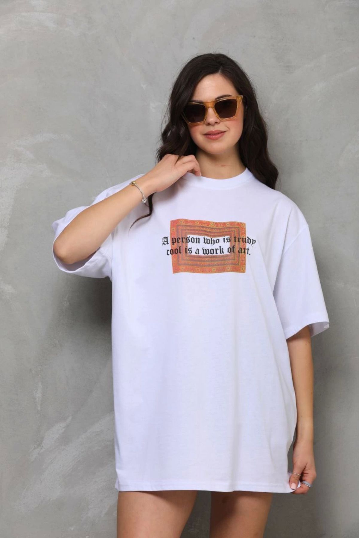 Vemora Unisex Bisiklet Yaka Baskılı Oversize T-Shirt - Beyaz