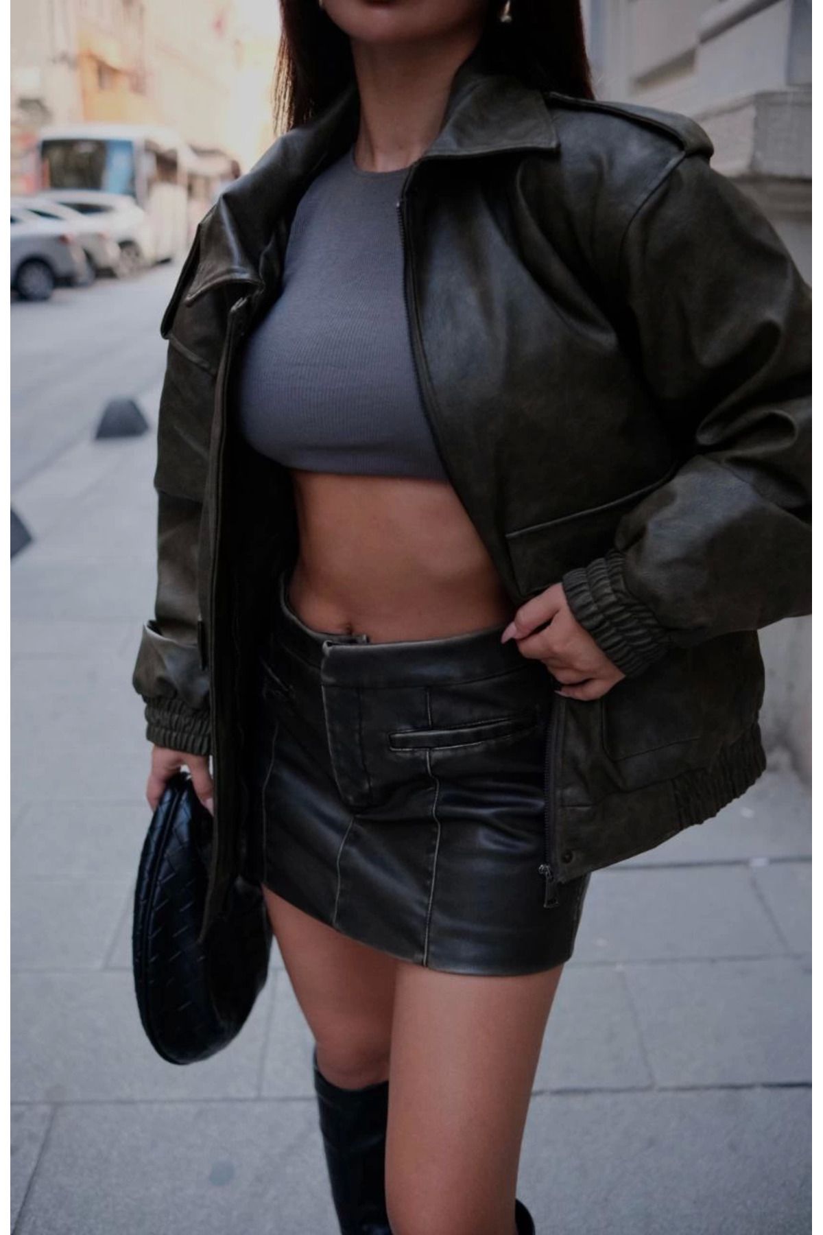 Pink Stil Suni Deri Pilot Ceket