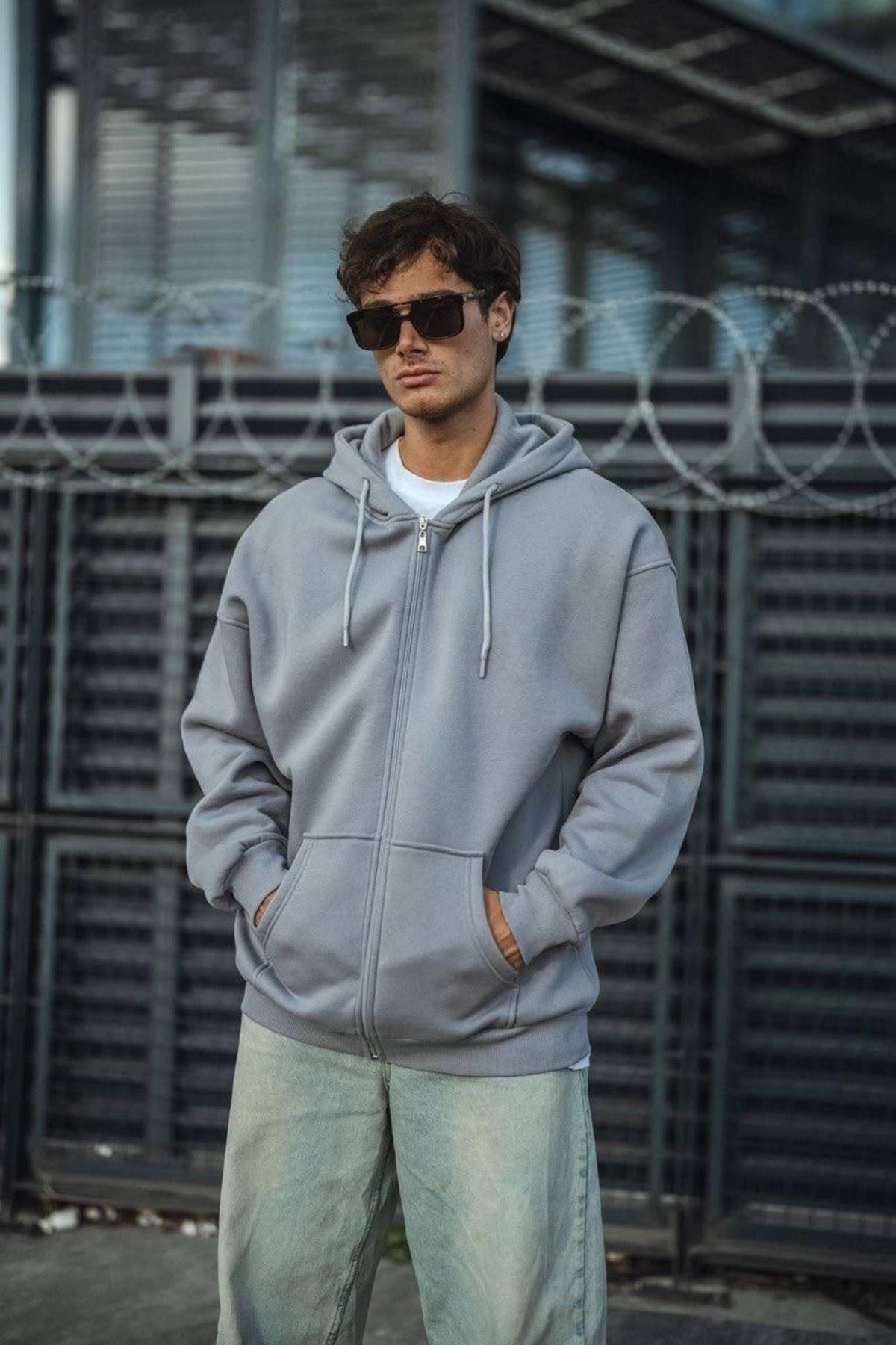Pink Stil Oversize Tam Fermuarlı Uzun Kol Hırka - Gri Pink Stil