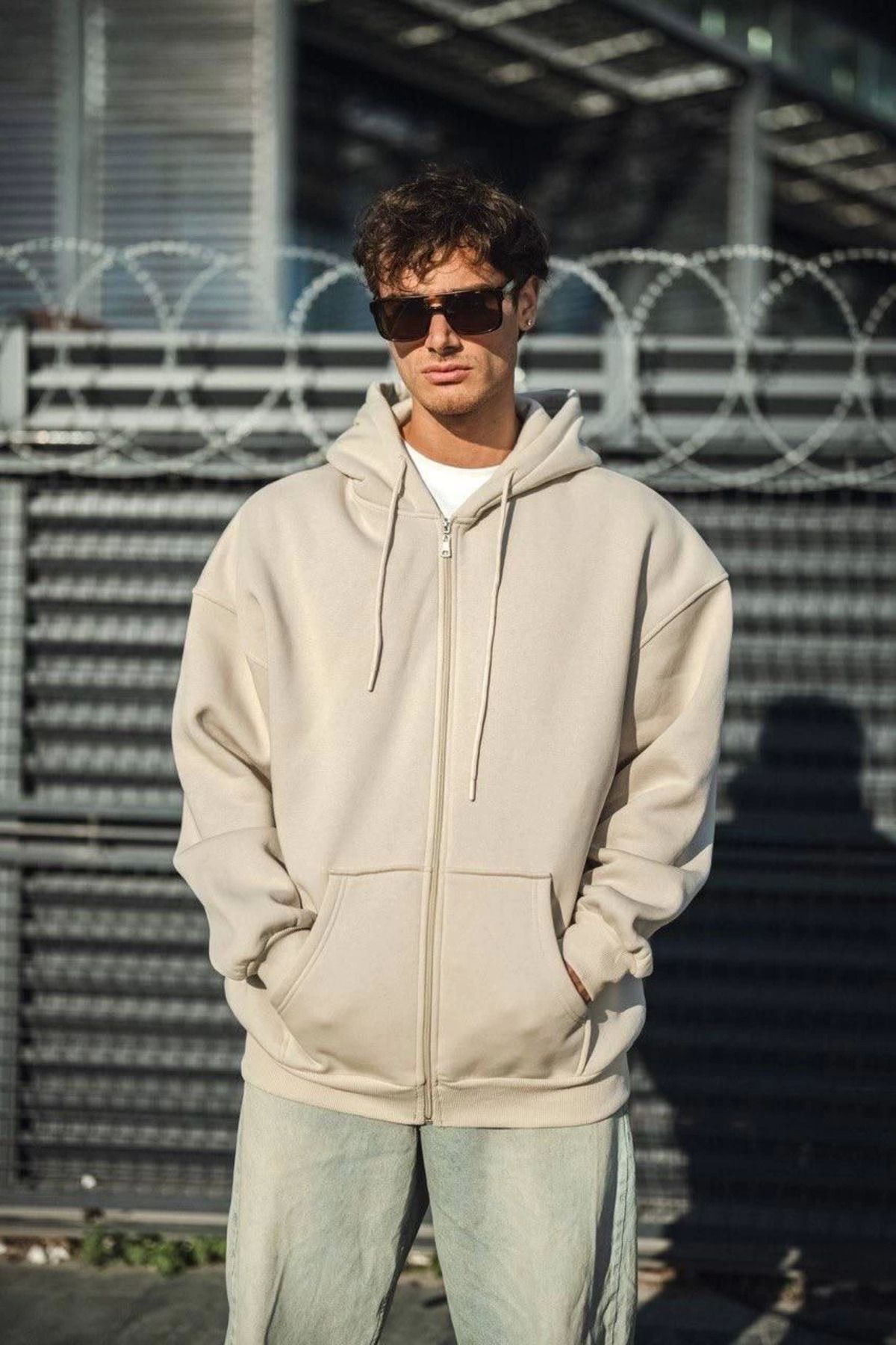 Pink Stil Oversize Tam Fermuarlı Uzun Kol Hırka - Bej Pink Stil
