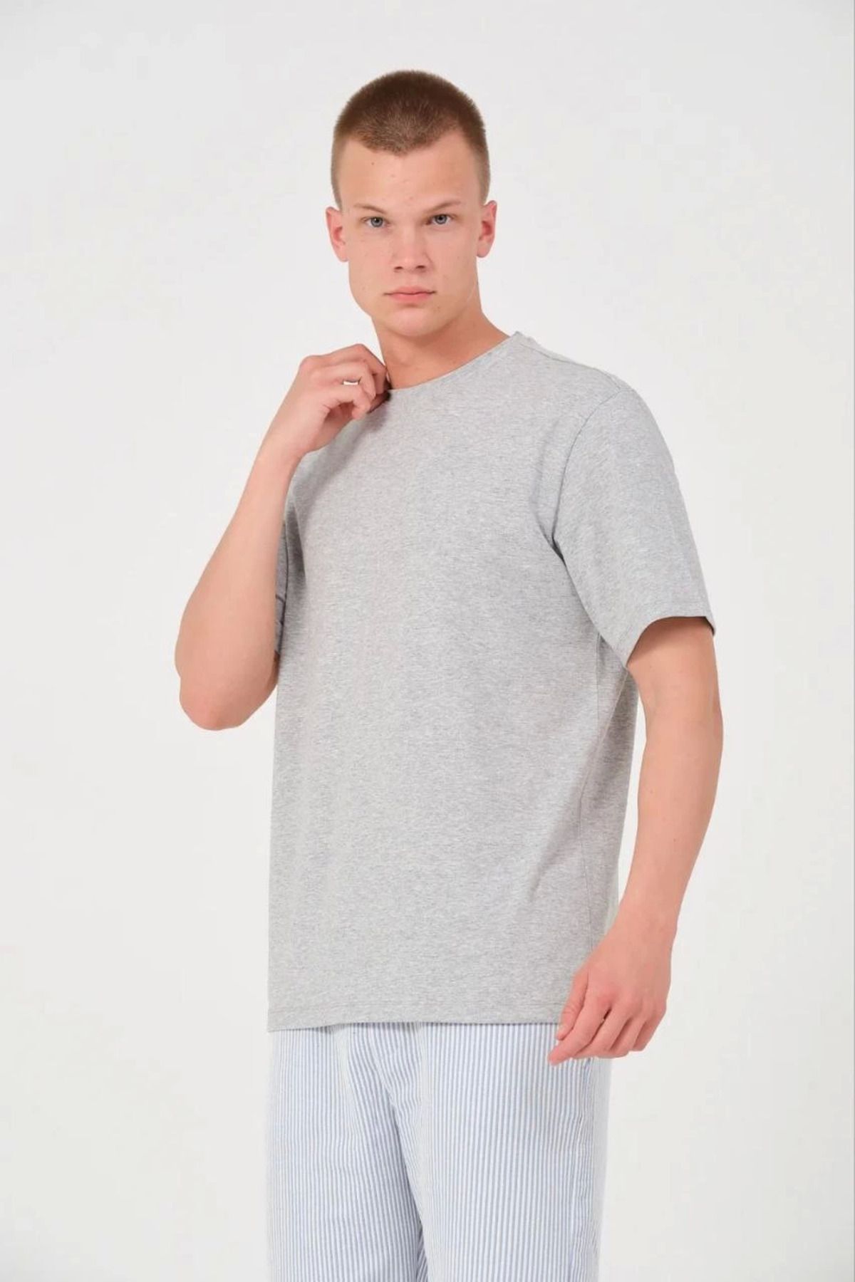 Pink Stil Erkek 24/1 Düz A Kalite Oversize T-shirt - Gri Pink Stil