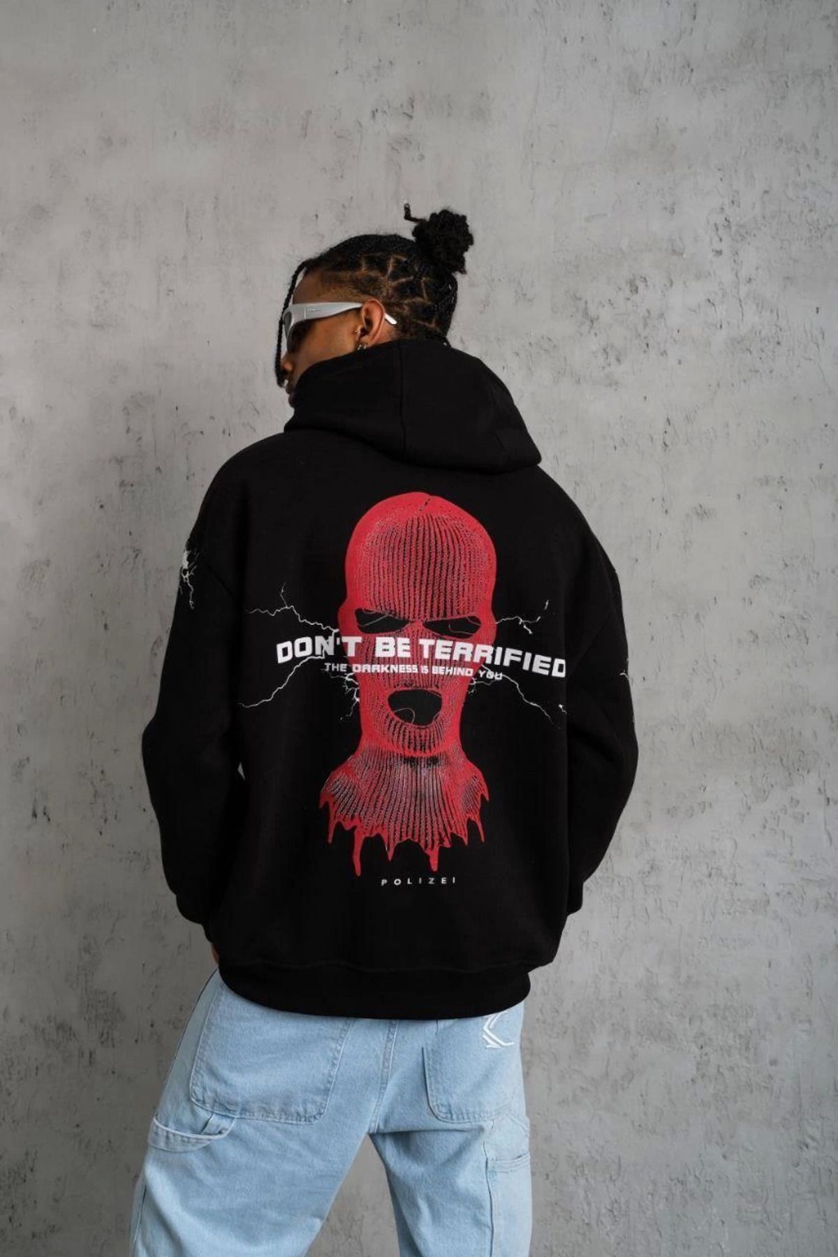 Pink Stil Erkek Maske Baskılı Kapüşonlu Sweat - Siyah Pink Stil