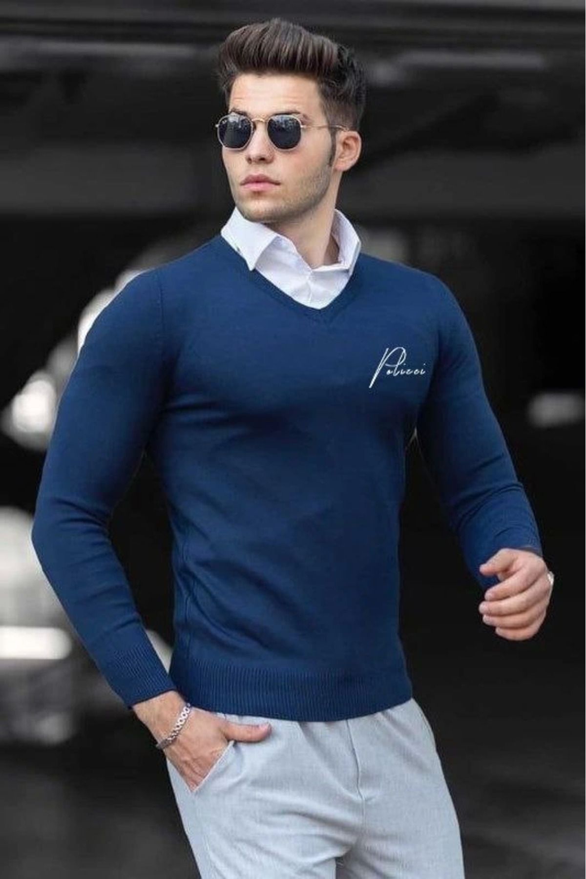 Pink Stil Baskılı V Yaka Uzun Kol Dokuma Triko - Indigo Pink Stil