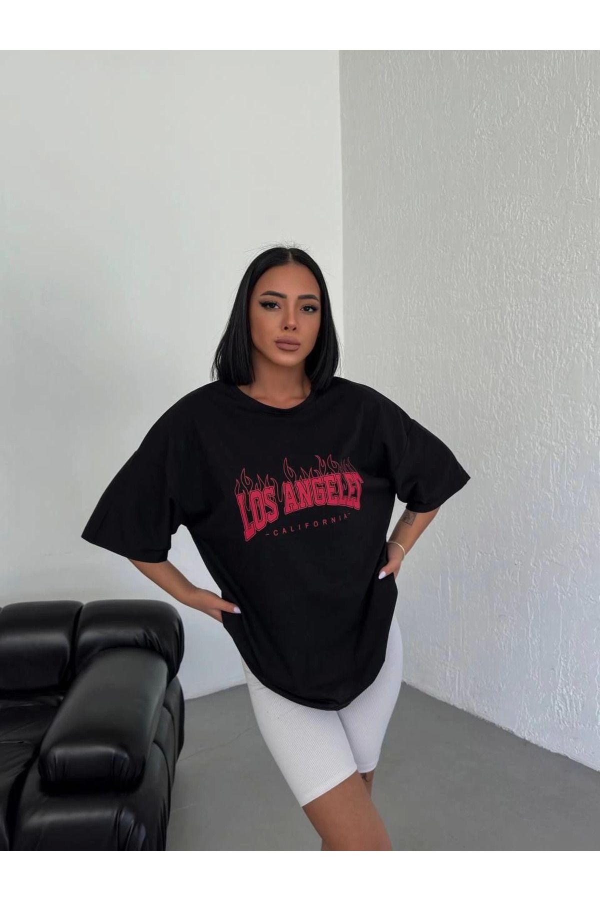 Vemora Unisex Bisiklet Yaka Baskılı Oversize T-Shirt - Siyah