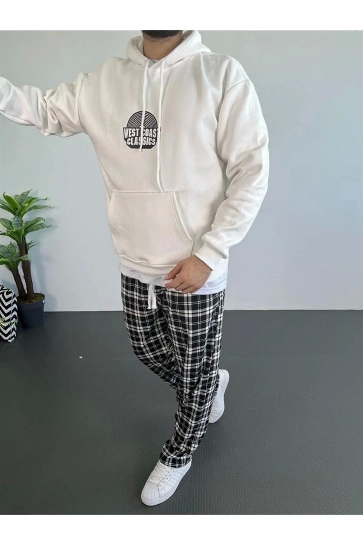 Pink Stil Erkek Baskılı Üç İplik Kapüşonlu Oversize Sweatshirt - Beyaz Pink Stil