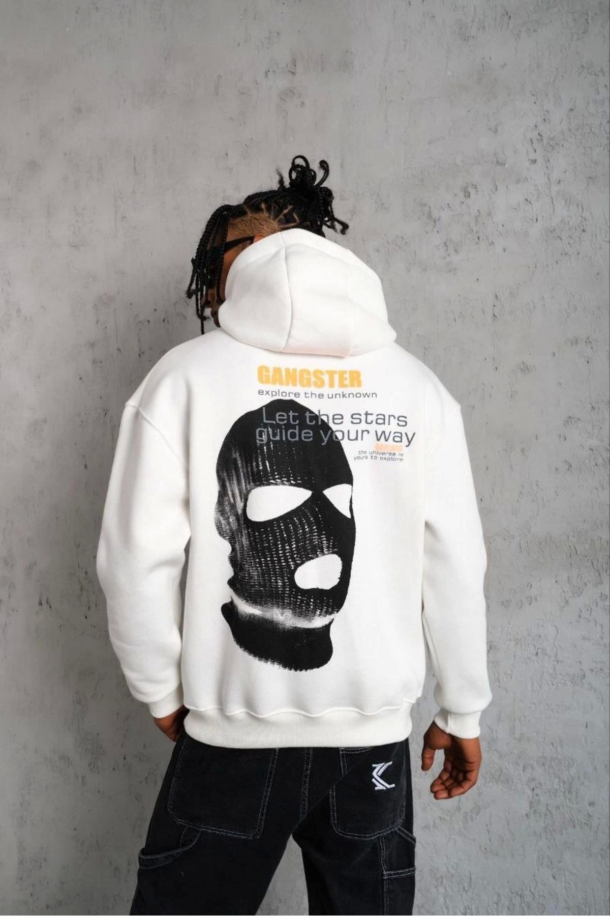 Pink Stil Erkek Kordonlu Maske Baskılı Kapüşonlu Sweat - Beyaz Pink Stil