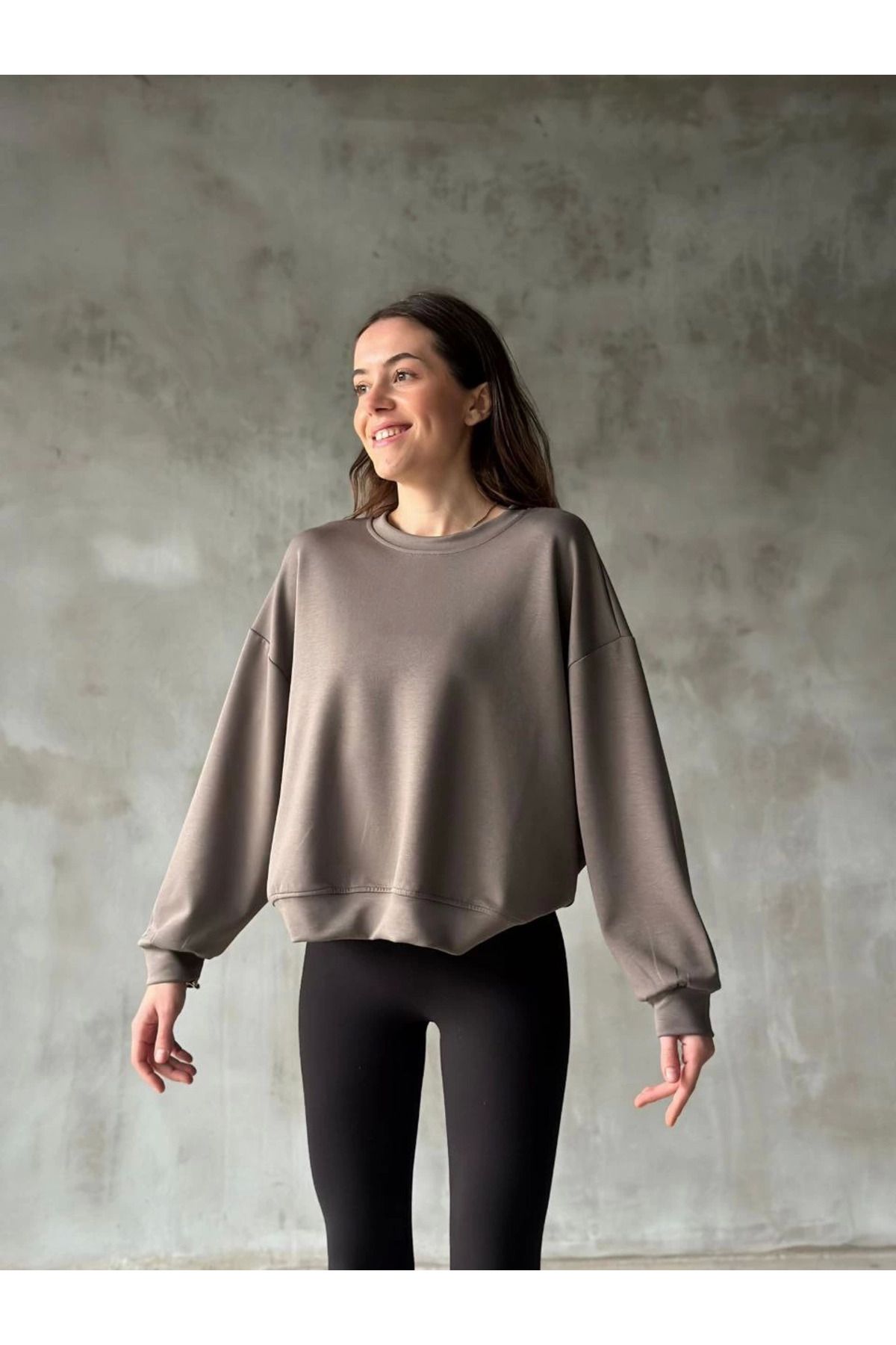 Pink Stil Osy Modal Yumuşak dokulu Kumaş Bisiklet Yaka Oversize Sweatshirt - Gri Pink Stil