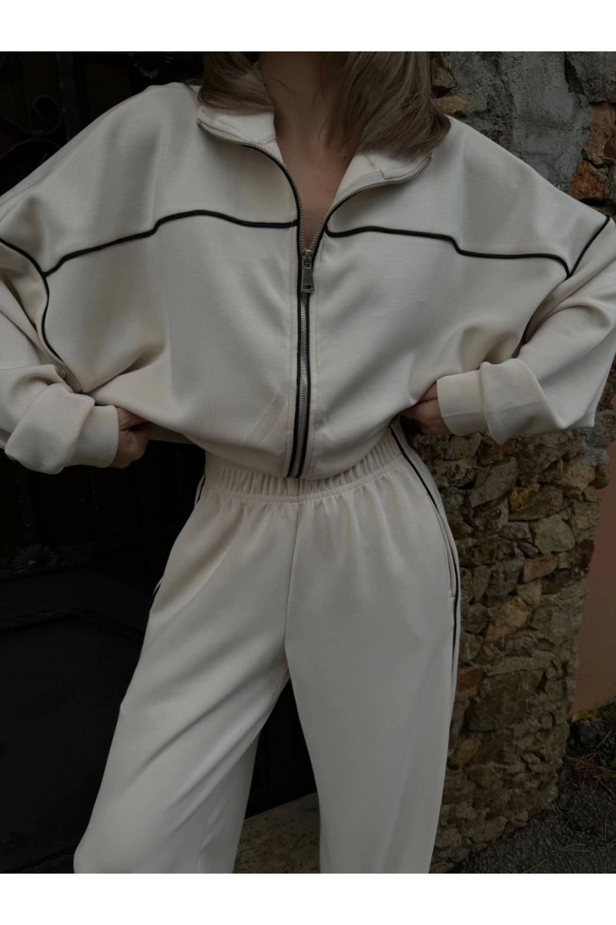 Pink Stil Fermuarlı Eşofman Pantolon İkili Takım - Beyaz