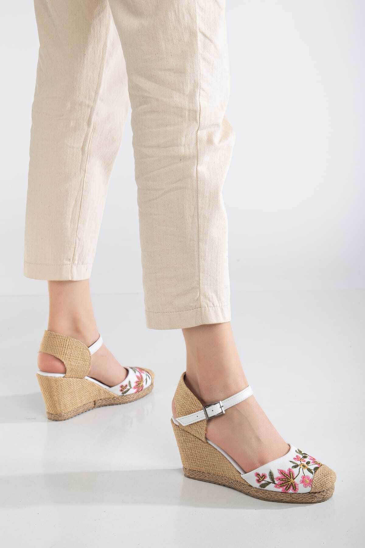 SEDRİK-New Season Straw Detailed Flower Embroidered Wedge Heel Shoes 2