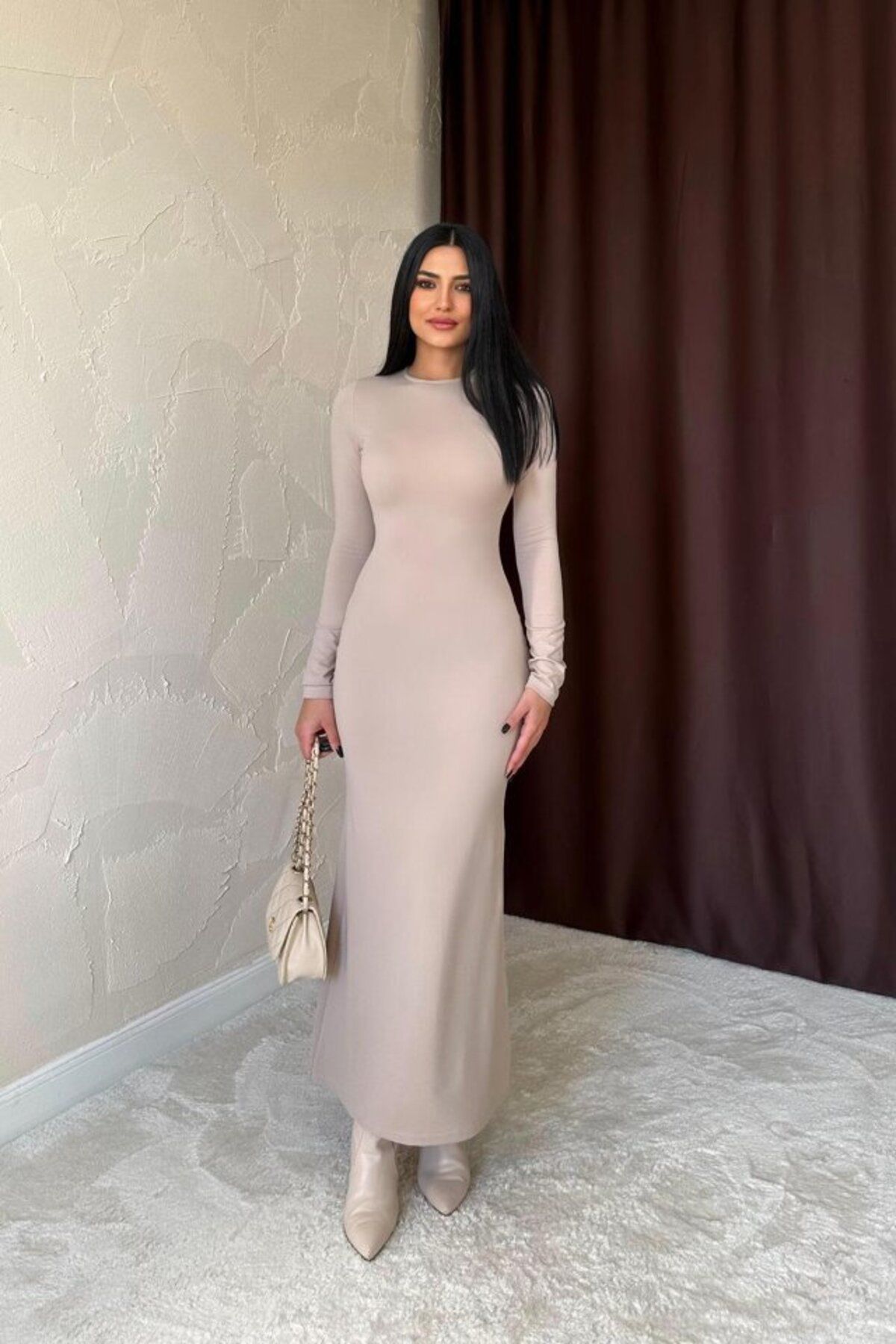 ASFSTORE Bej Vücudu Saran Uzun Elbise