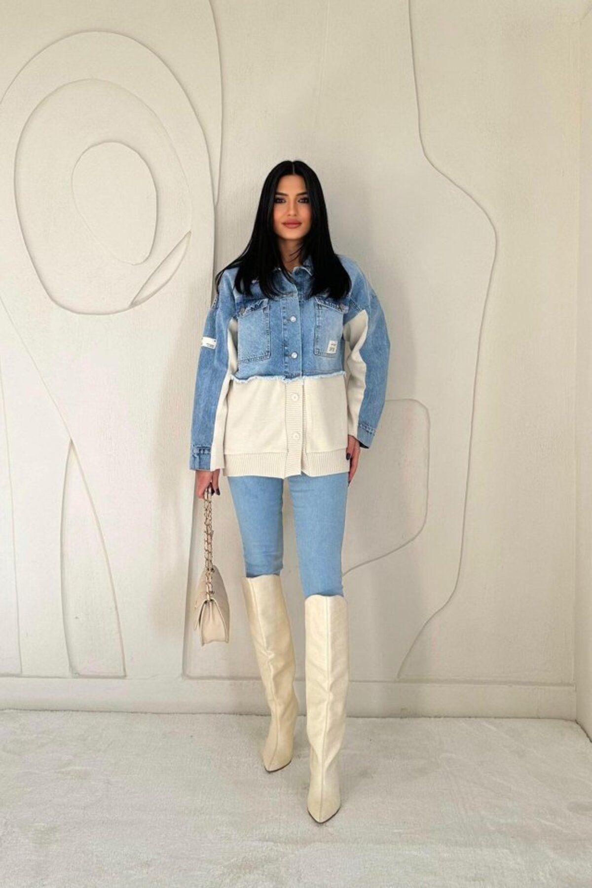 velmorafashion Mavi Triko Garnili Kot Ceket