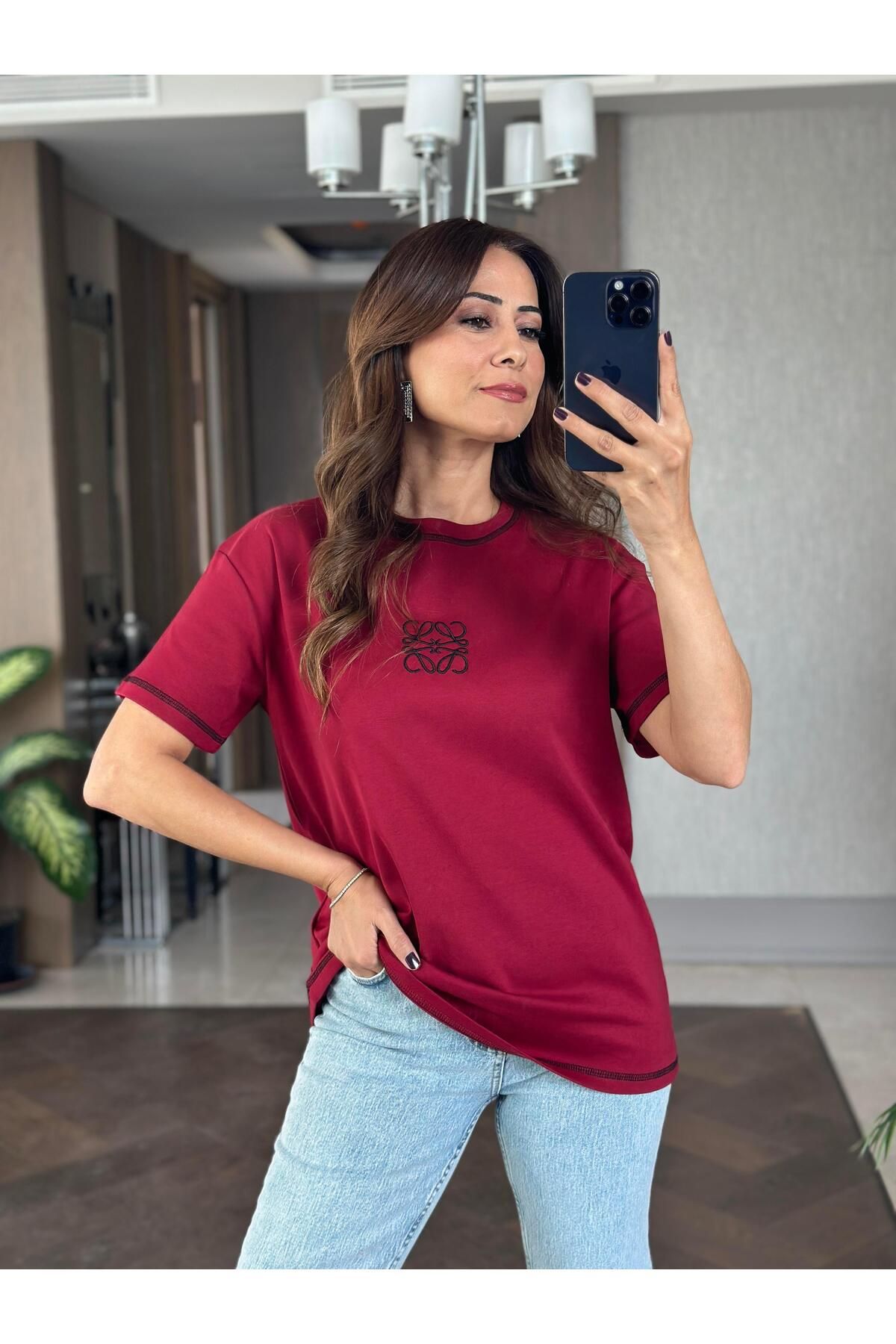 Forlady Butik Bordo Marka Nakış Detay Bisiklet Yaka Kadın T-Shirt