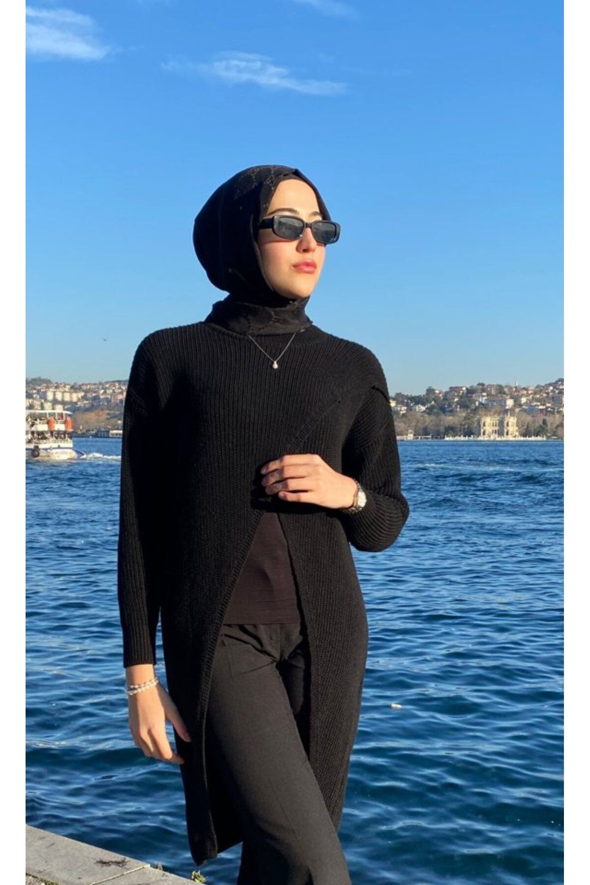 COTTONLAB Kadın Uzun Kollu Bisiklet Yakalı önden çapraz Kesim Detaylı Midi Triko Elbise