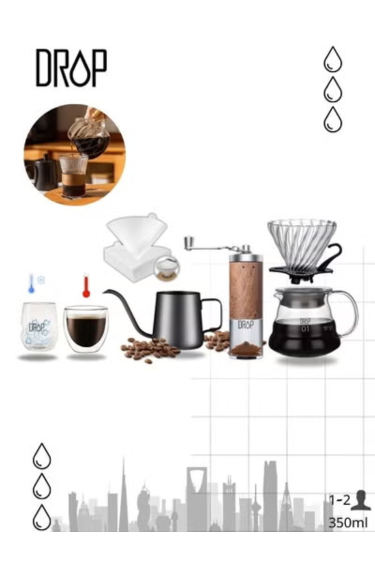 Full Set Drip Drop V60 Drip Set 7 Manual Coffee Brewing Set Complete Pour Over Kit ...