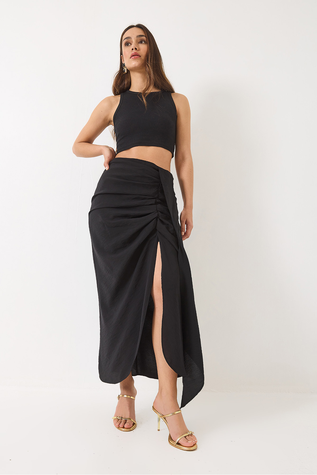 Bianco Lucci-Women's Back Gathered Slit Detailed Lined Skirt 241041 60282011 5