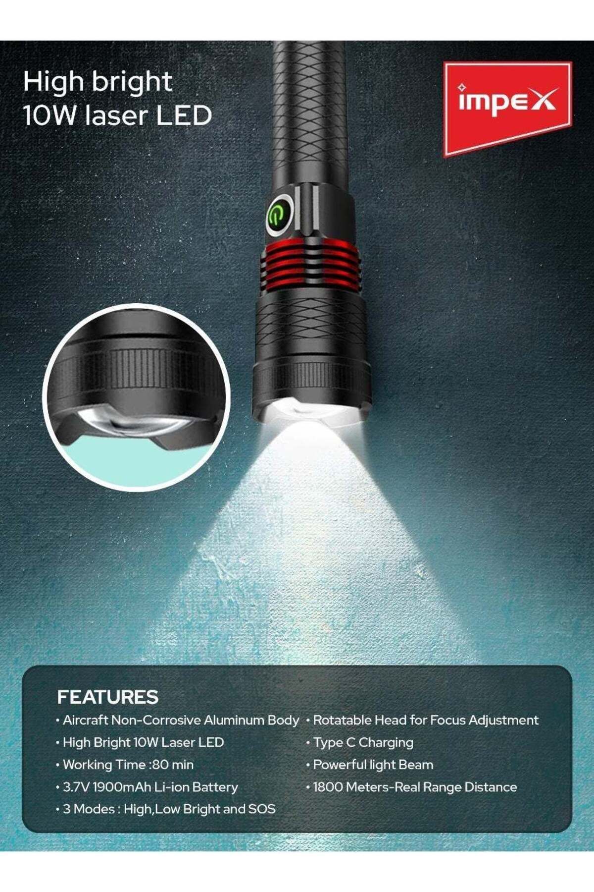 İMPEX-Impex Rechargeable Led Flashlight Hunter Z1 - 10w, 500 Lumens, 1800m Range, 3 Modes Type C Charging 3