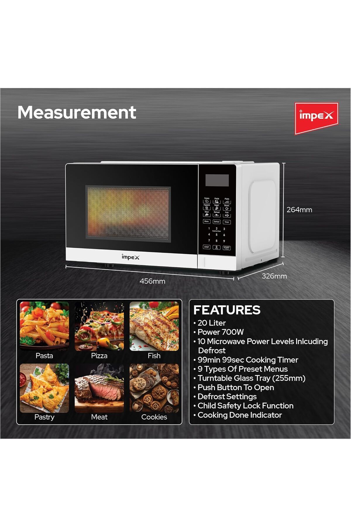 İMPEX-20 Liter Digital Microwave Oven 700w- Mo 8101db, 10 Microwave Power Levels And Timer Function 8