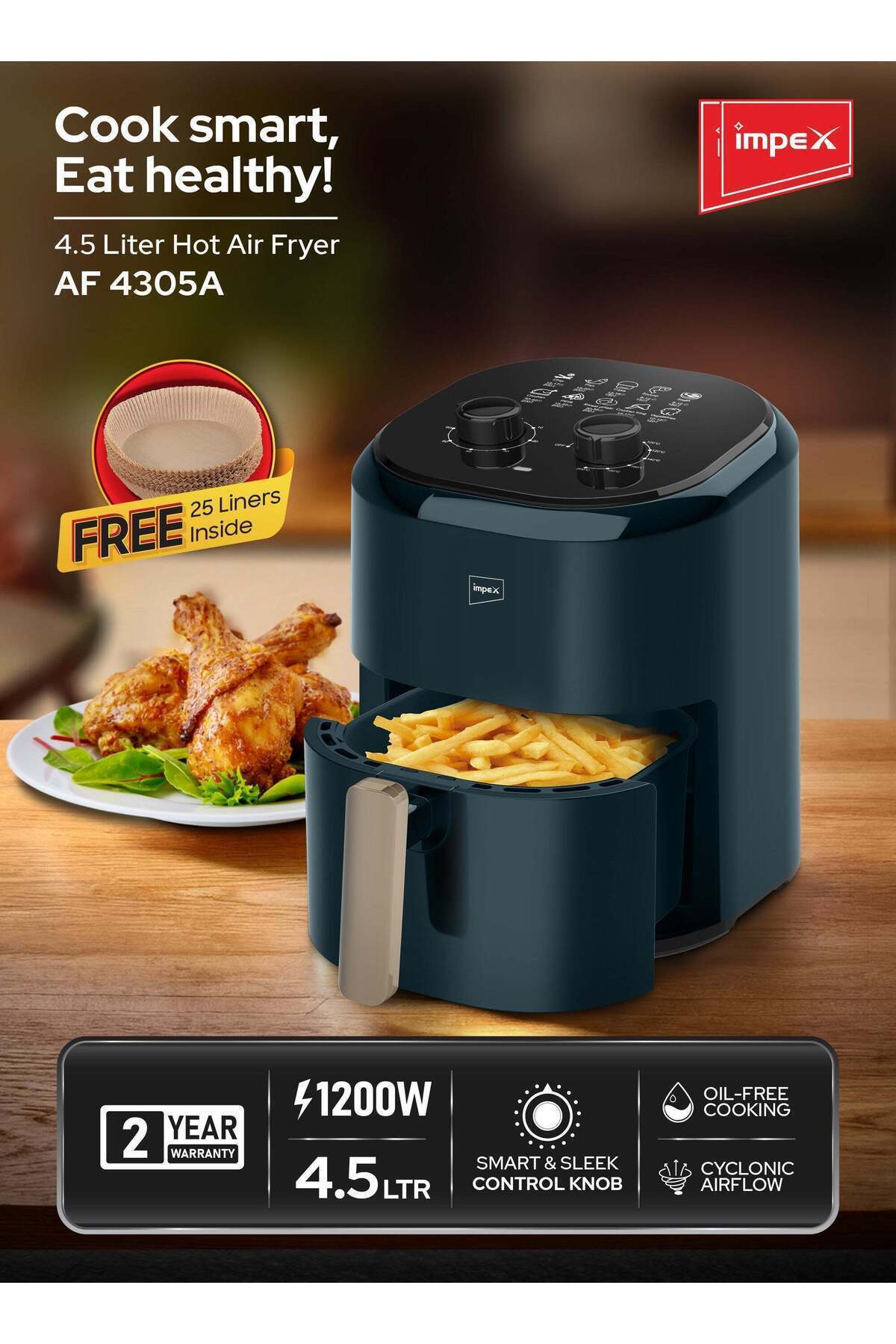 İMPEX-4.5l Air Fryer, 1200w - Af4305a, Oil-free, Adjustable Temp, 60-min Timer, Non-stick, Green 3
