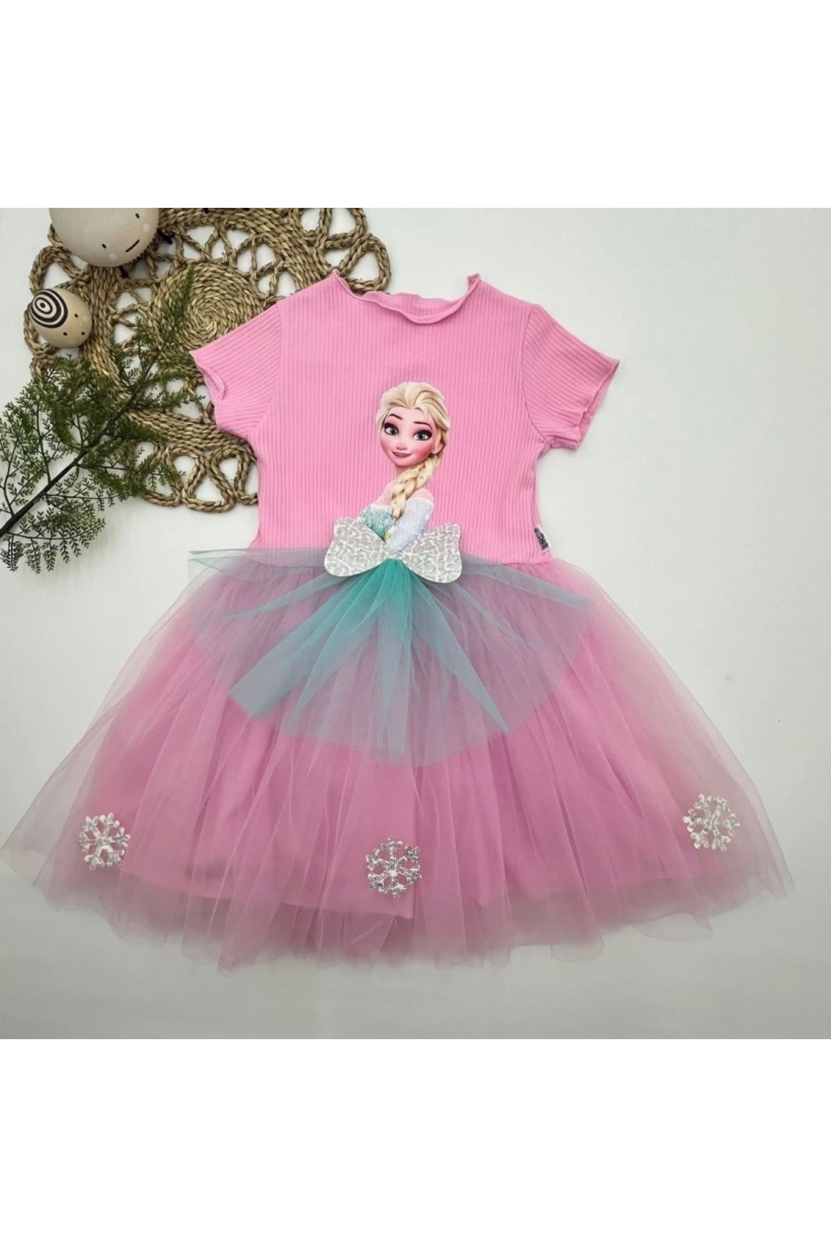 Nemere 5-6-7 Yaş Elsa Desenli Fiyonklu Tül Etekli Astarlı Kısa Kollu Kız Çocuk Tütü Elbise