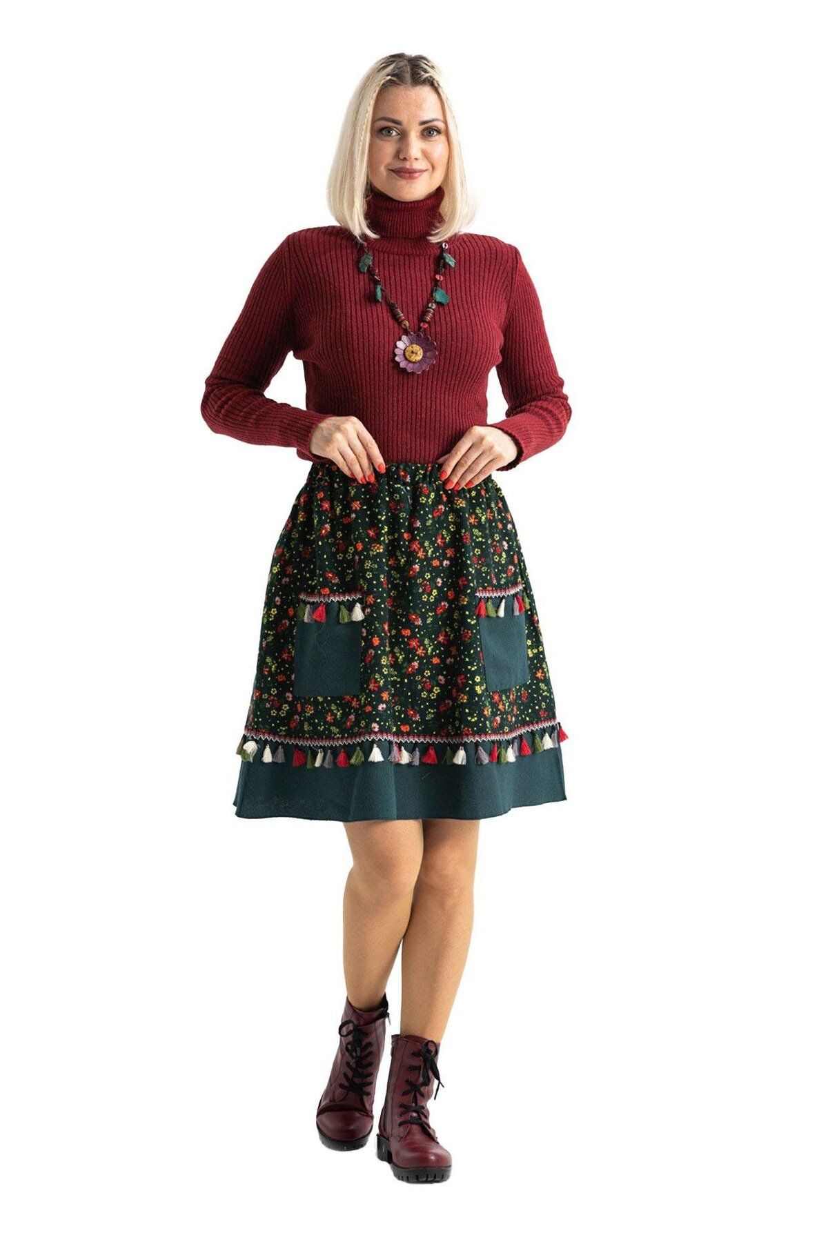 Eliş Şile Bezi-Azra Flannel Crispy Pattern Κοντή φθινοπωρινή και χειμερινή φούστα πράσινη Ysl 6