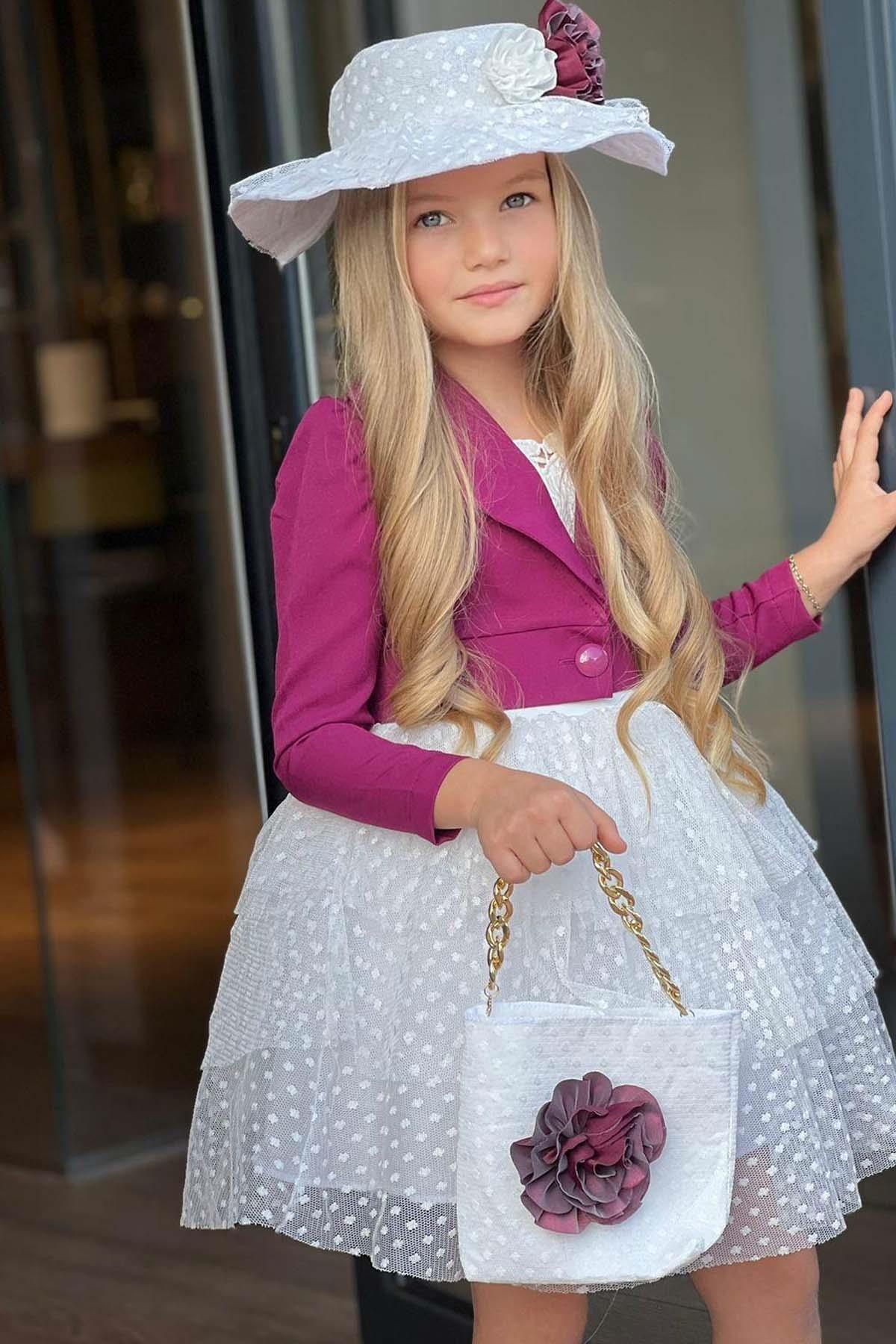Riccotarz-Girl's Chest Lace Embroidery Embroidered Skirt White Dress with Polka Dot Blazer Jacket 3