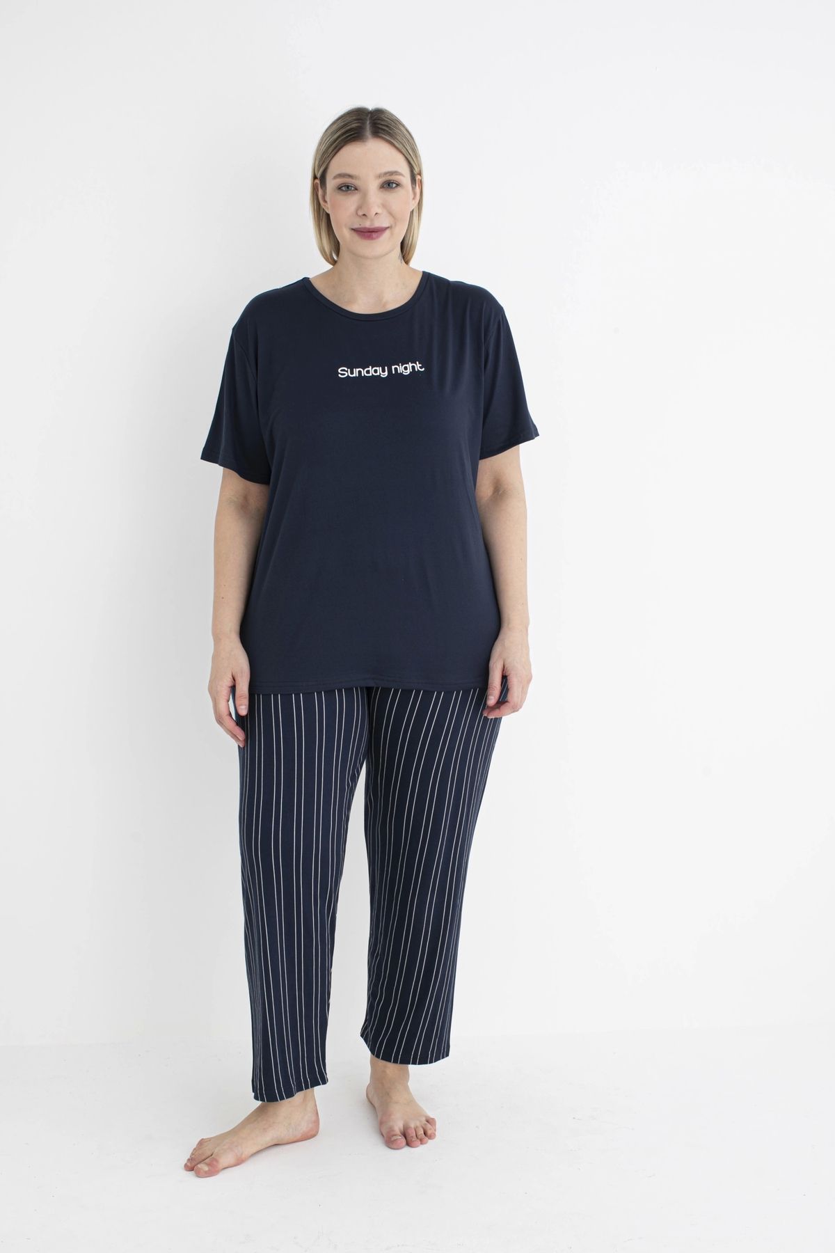 Nemere Estiva 25151 Kadın Battal Beden Çizgilii Kısa Kol Pijama Takımı