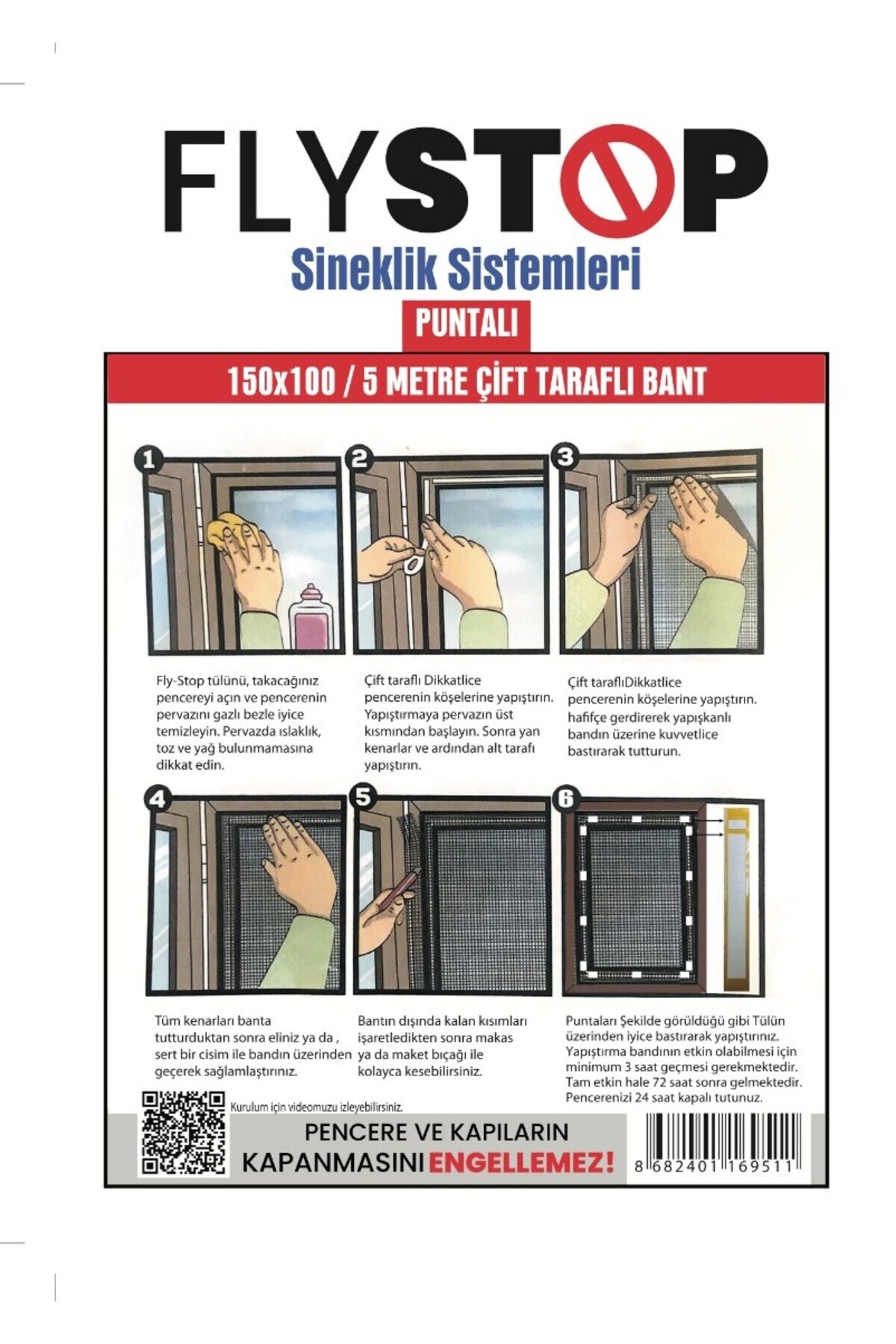 flystop Pencere Sineklik Sinek Tülü  150x100 Cm 5 Metre Çift Taraflı Bant