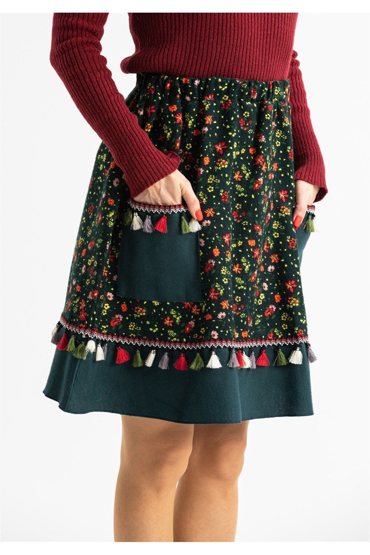 Eliş Şile Bezi-Azra Flannel Crispy Pattern Κοντή φθινοπωρινή και χειμερινή φούστα πράσινη Ysl 3