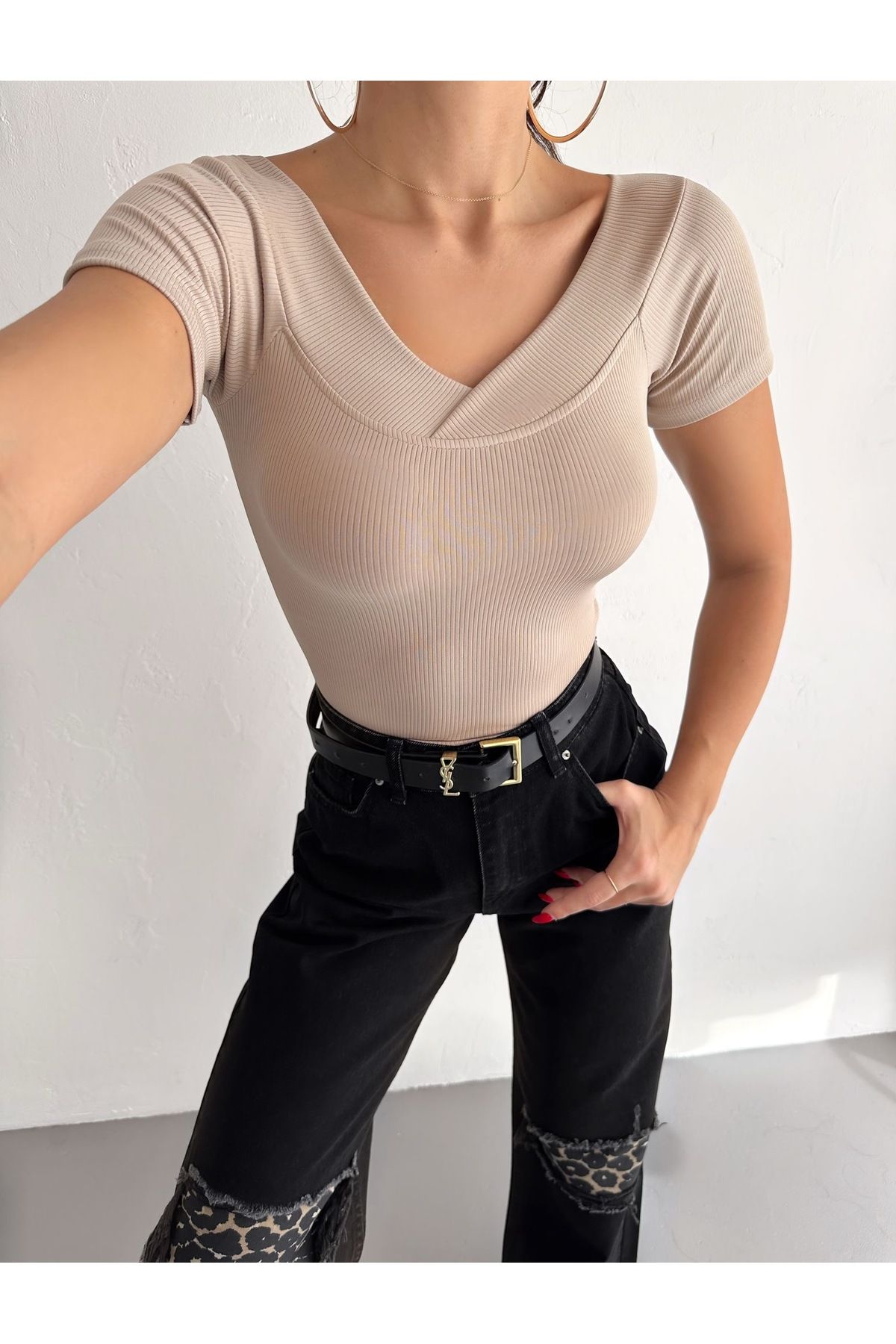BE CHİC Femeie Madonna Gâtul V Mânecă Scurtă Crop Camisole Bluză De Bază Femeie - S