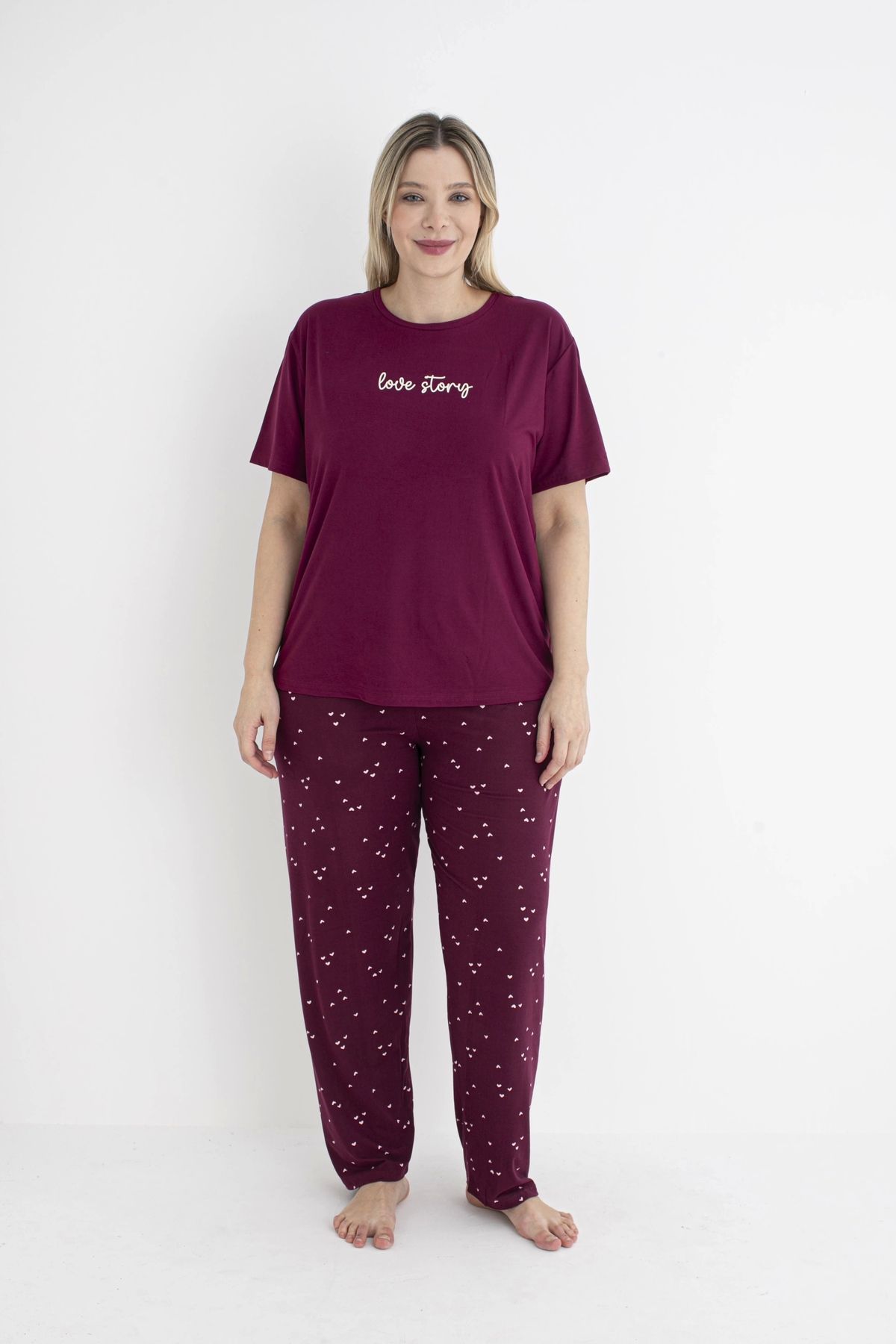 Nemere Estiva 25152 Kadın Battal Beden Kalpli Kısa Kol Pijama Takımı