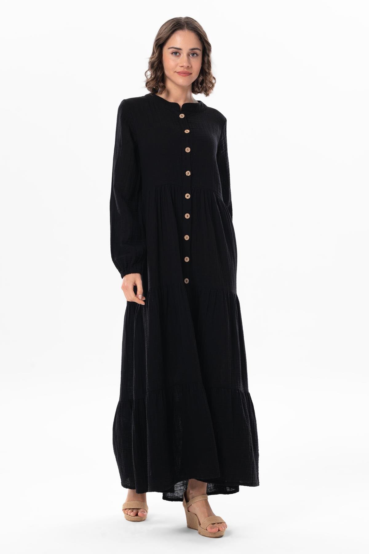 Long Sleeve Seasonal Muslin Abaya Black Syh