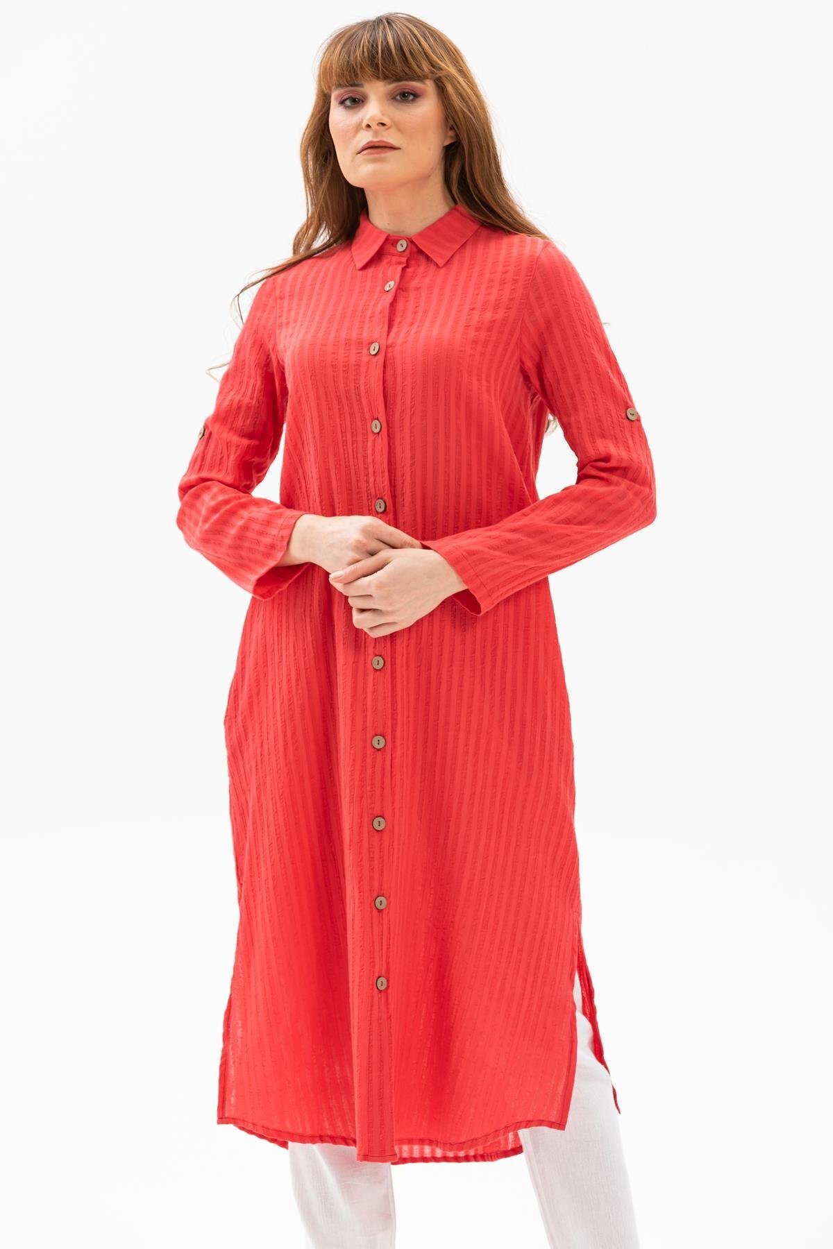 Eliş Şile Bezi-Long Sleeve Collared Seersucker Seasonal and Summer Tunic Coral Mrcn 4