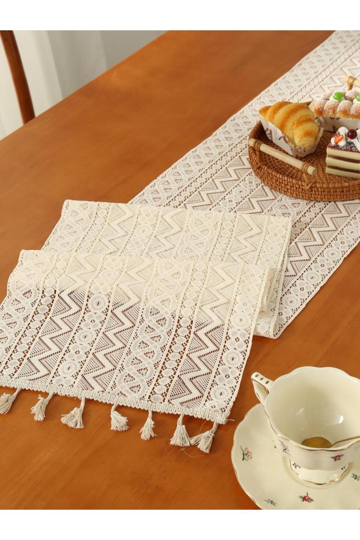 Choice-30x90cm khaki Beige Table Runner Lace Cotton Blended Fabric with Tassel For Coffee Table Decor Weddi 5