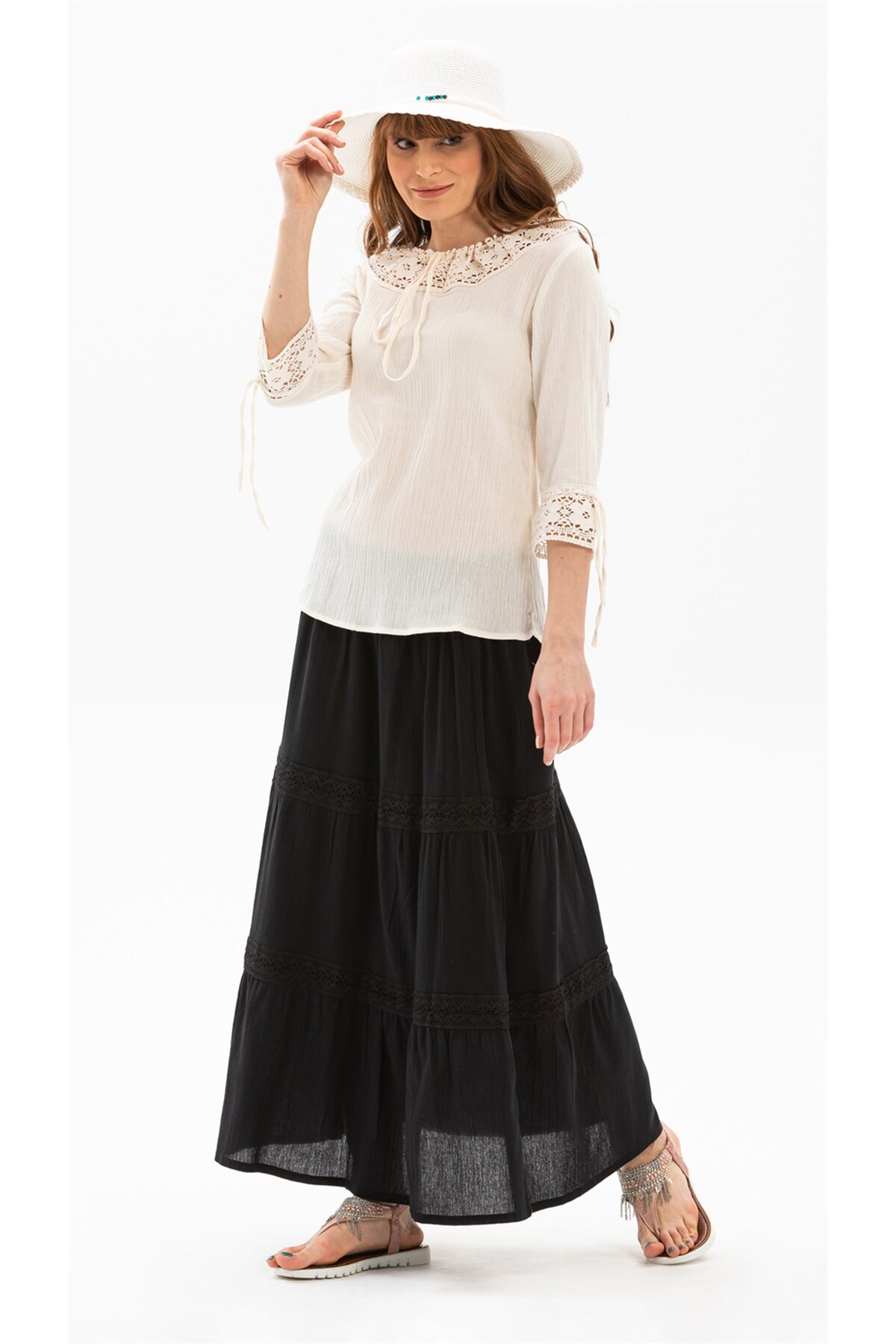 Eliş Şile Bezi  Uzun Şile Bezi Dantelli Yazlık Etek Siyah Syh - Görsel 3