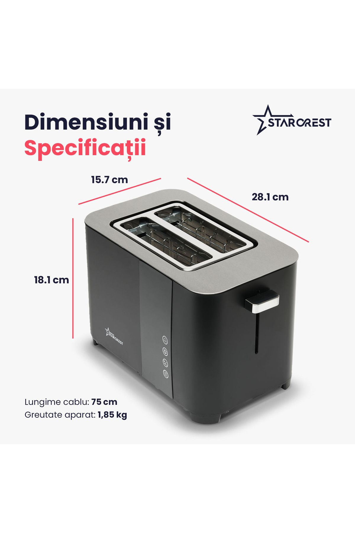 STARCREST-Prajitor de paine digital STARCREST SDT-850BLK, 850 W, 2 felii, Display Led Touch, 4 Functii, Negru 8