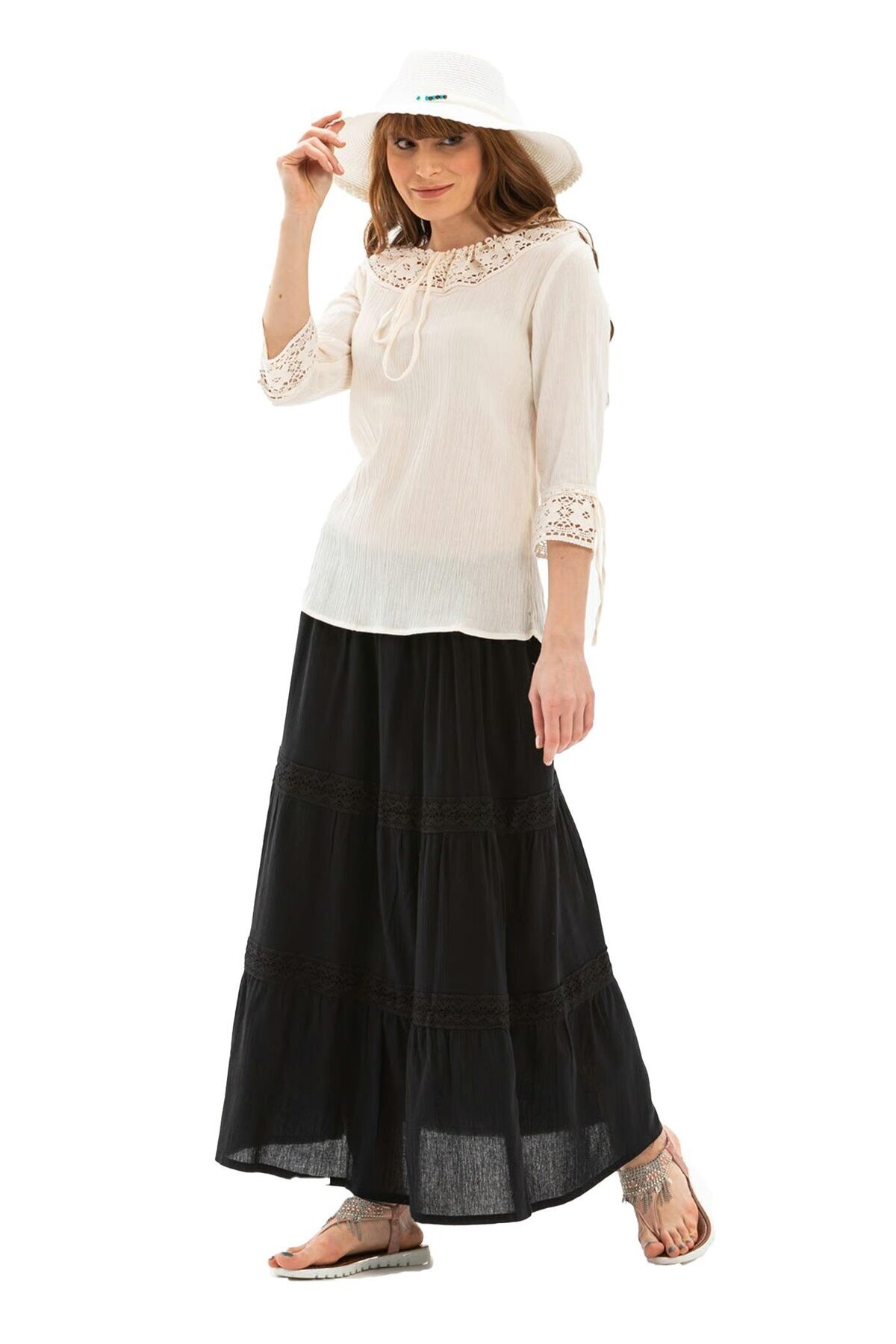 Eliş Şile Bezi  Uzun Şile Bezi Dantelli Yazlık Etek Siyah Syh - Görsel 7