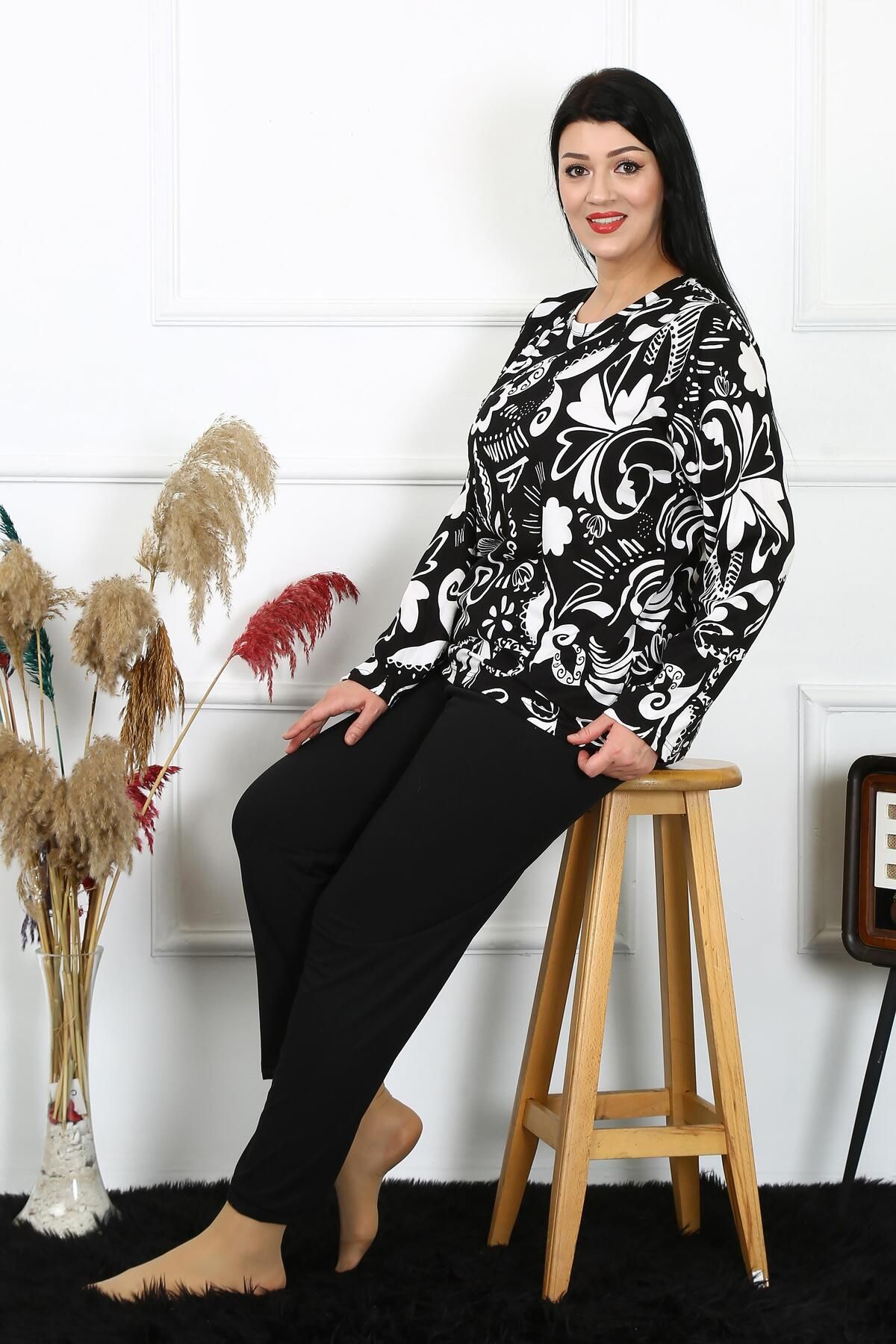 COXO Fashion`S Moda Çizgi Women's Plus Size Combed Cotton Long Sleeve Pajama Set 202217