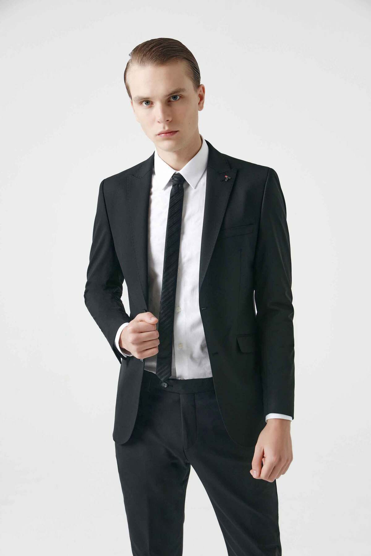Tween Slim Fit Siyah Düz Yün Karişimli Takim Elbise