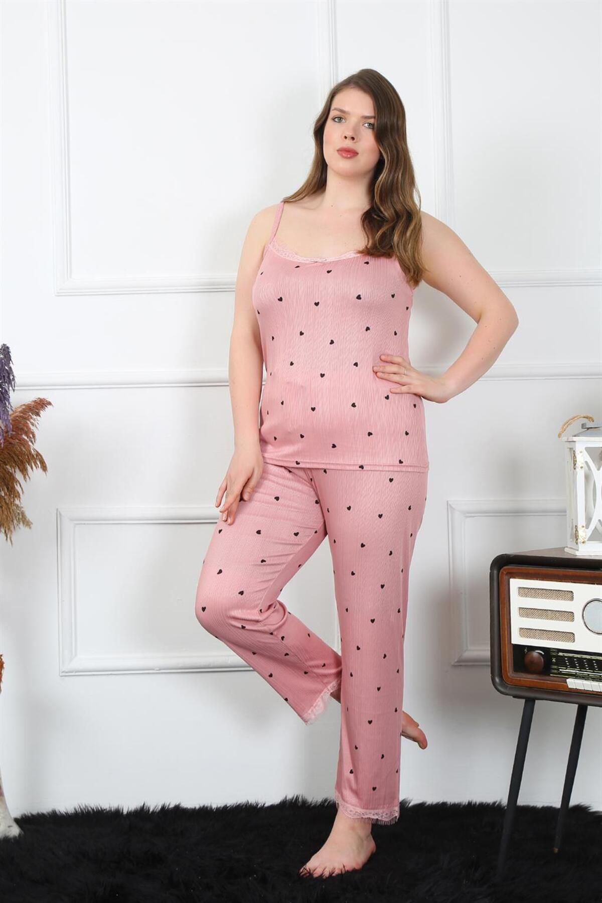 COXO Fashion`S Moda Çizgi Women's Large Size Salmon Rope Strap Pajama Set 202196