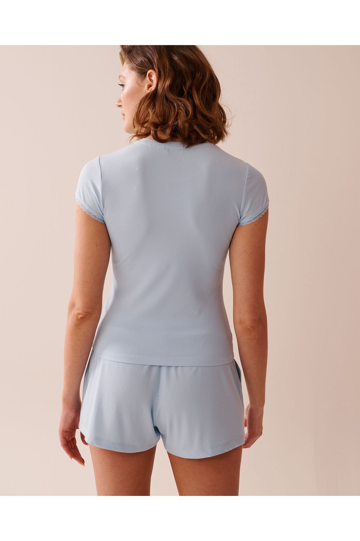 La Vie en Rose-Ribbed Modal and Lace Trim T-shirt 2