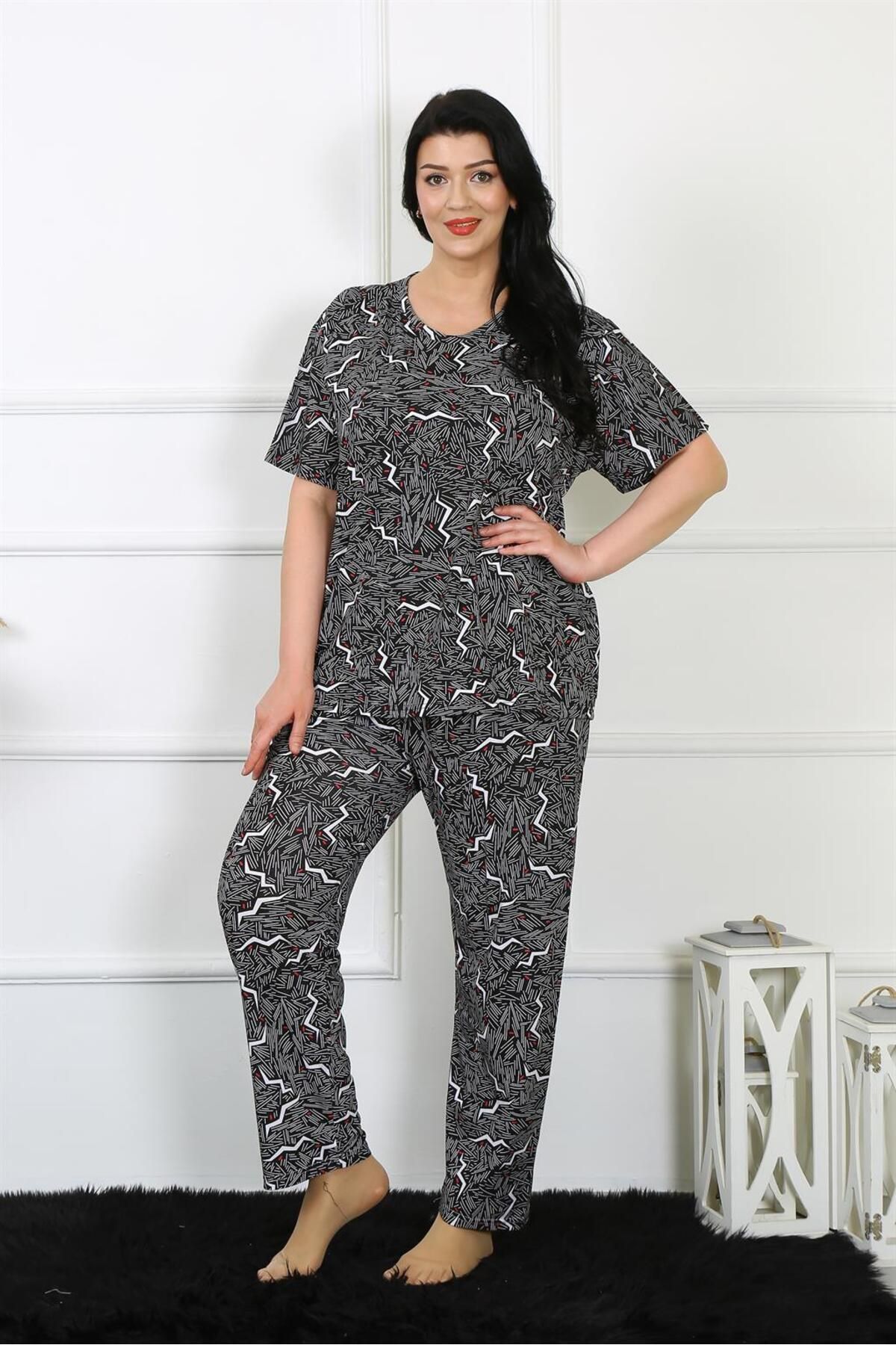 COXO Fashion`S Moda Çizgi Women 5XL-6XL-7XL-8XL Plus Size Short Sleeve Pajama Set 75011