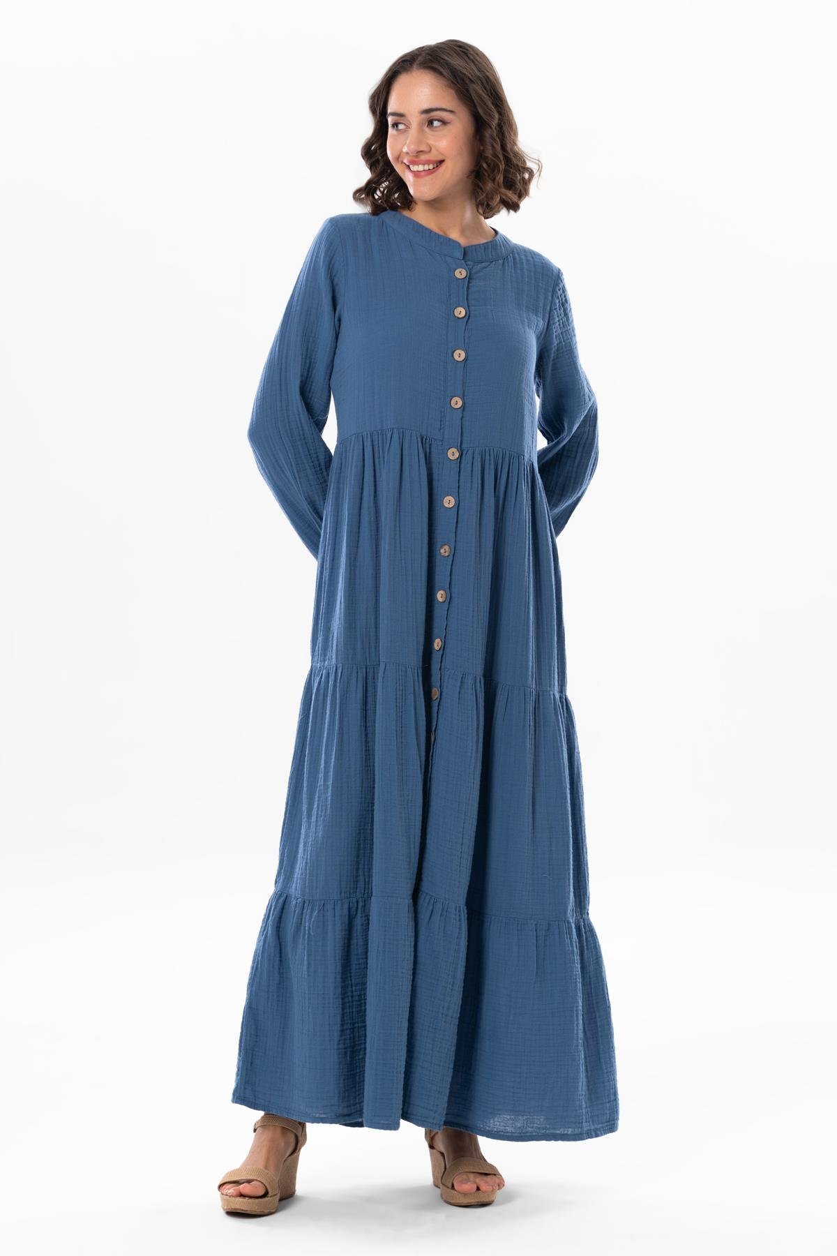 Long Sleeve Seasonal Muslin Abaya Indigo indg