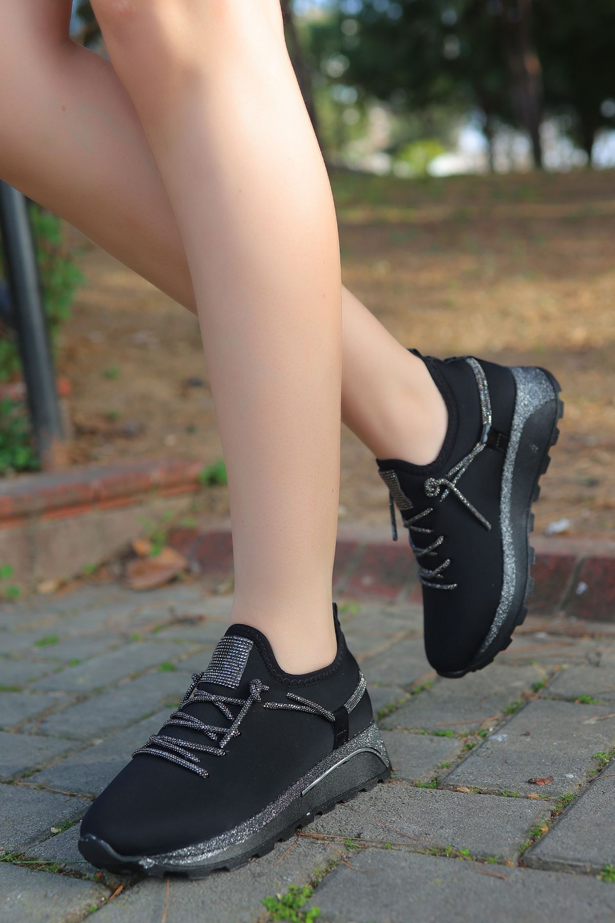 otuzbesshoes-Eyyen Stone Detailed Lace-Up Women's Sports Shoes 3