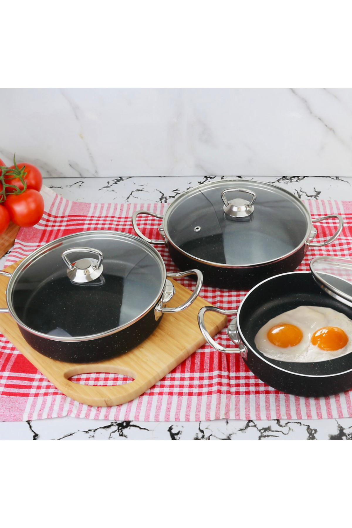 MEŞELER Granit Omlet Sahan Seti 3 Lü Seti Siyah Inox