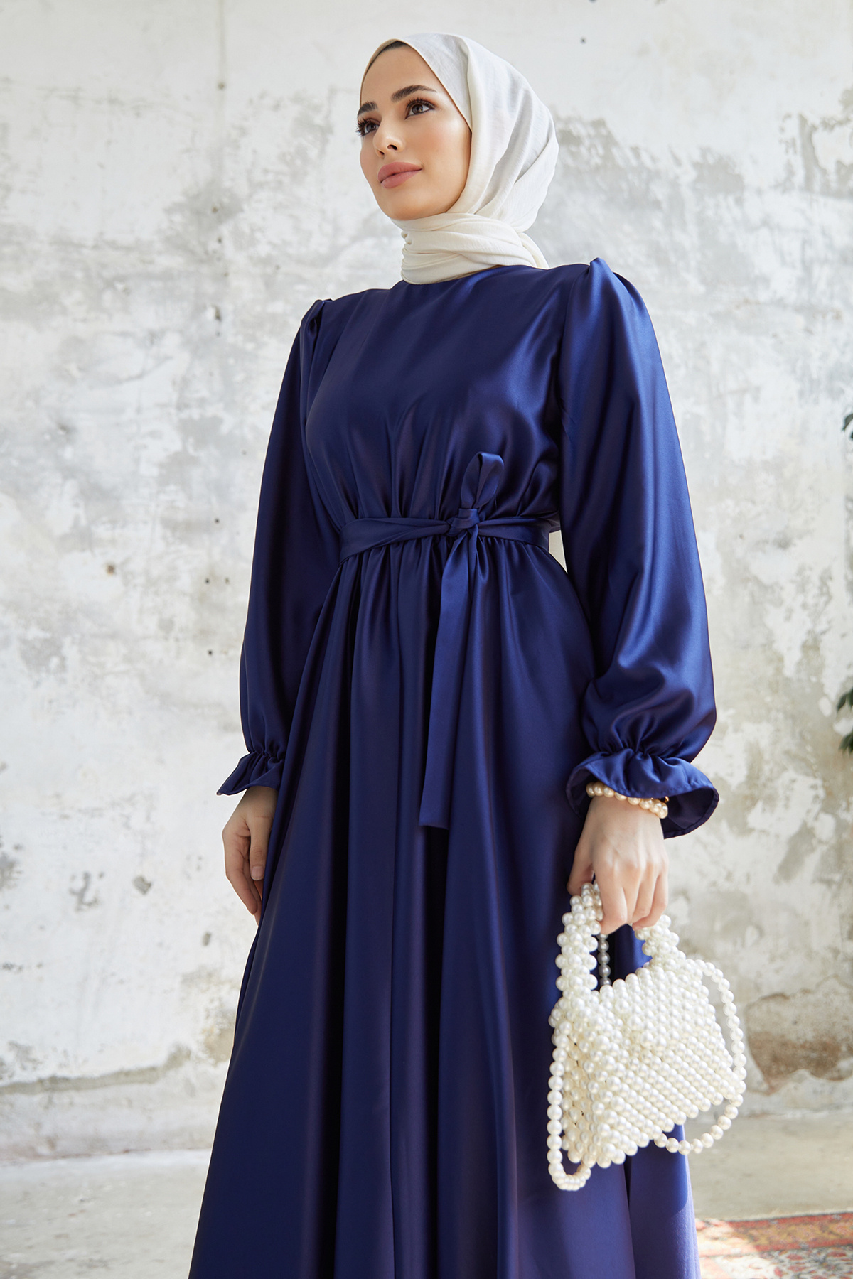 VAVİNOR-Satin Belted Liza Dress - Indigo 2
